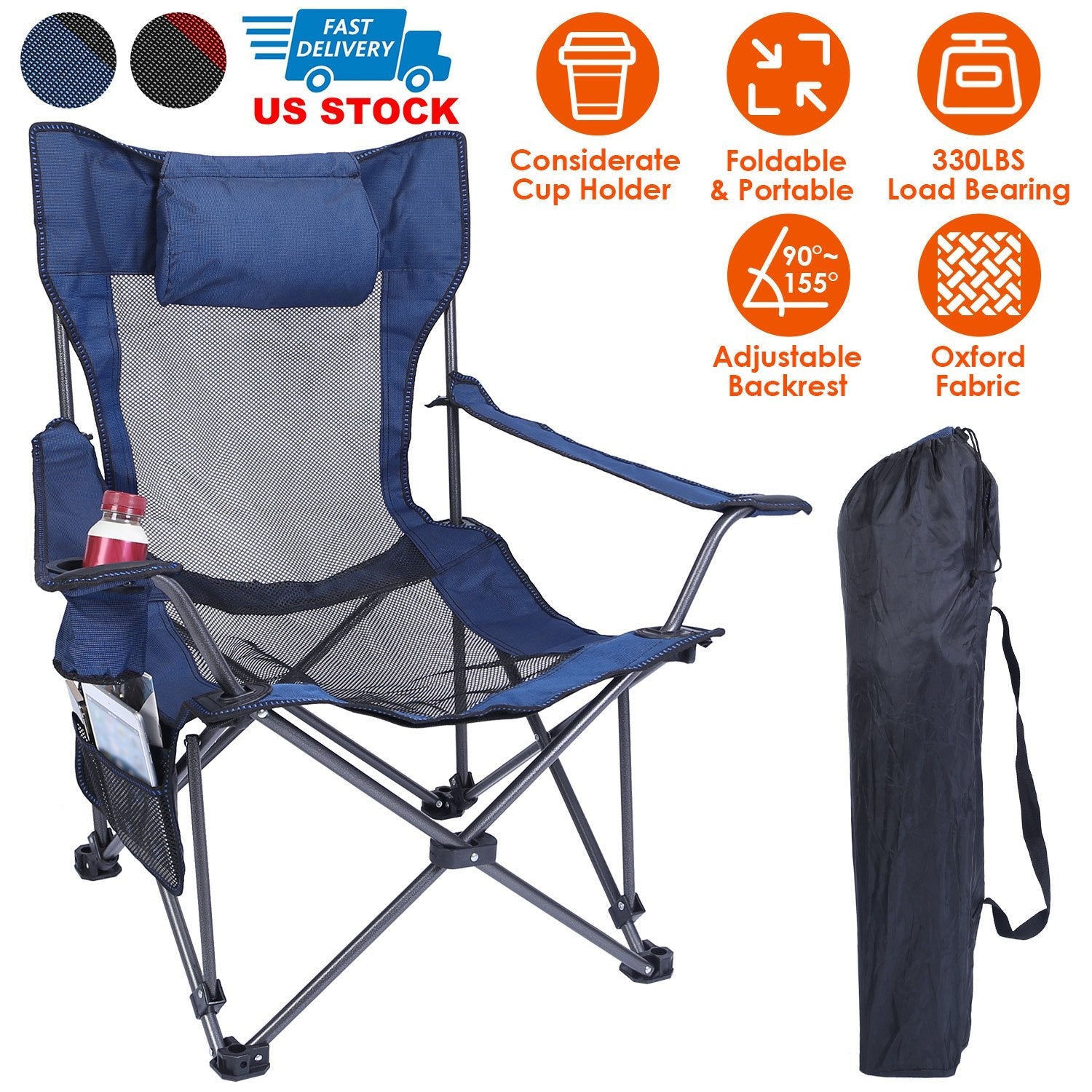 Foldable Camping Chair 330LBS Load Heavy Duty Steel Lawn Chair Collapsible Chair with Reclining Backrest Angle Cup Holder Pillow Side Pocket Carry Bag - Energize Trek