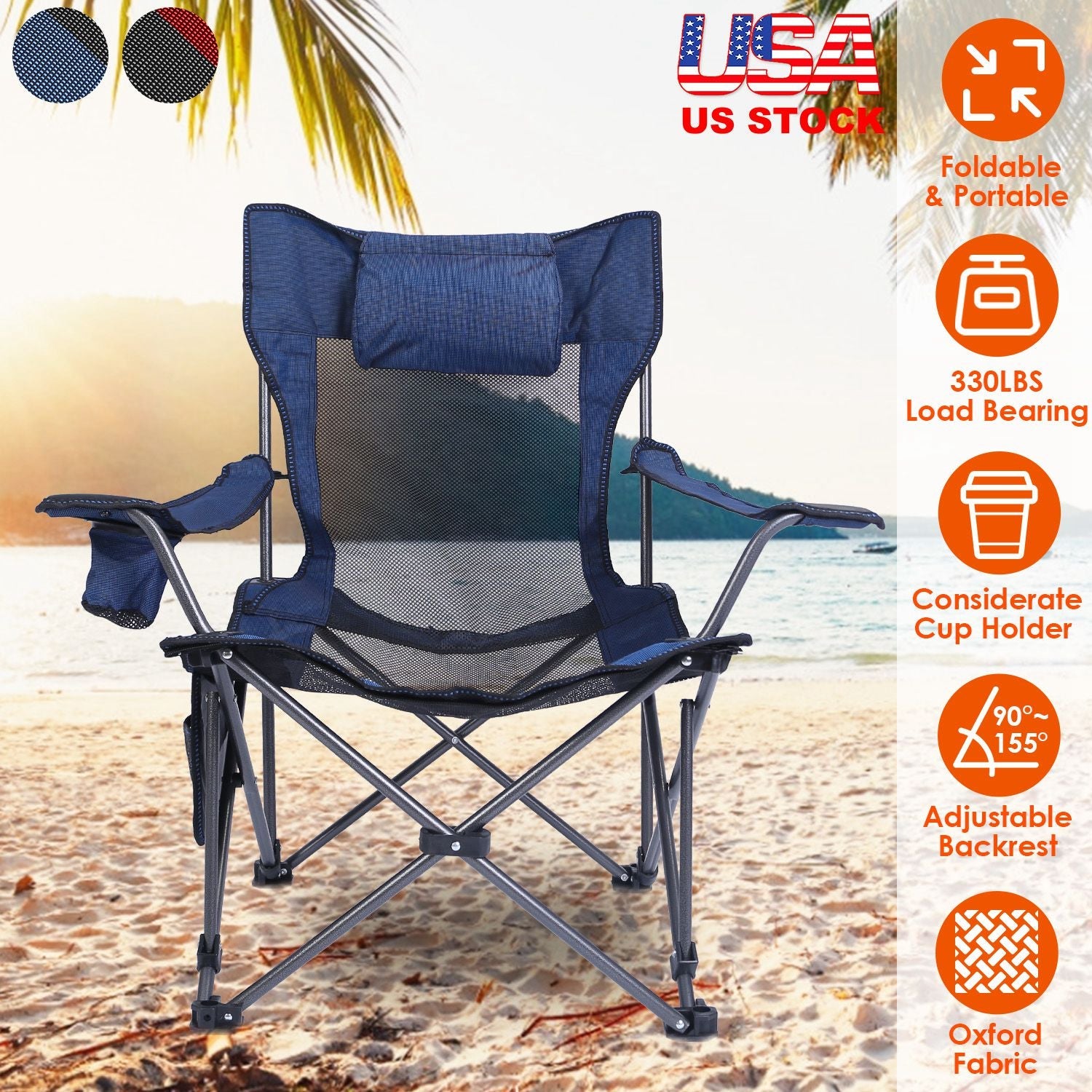 Foldable Camping Chair 330LBS Load Heavy Duty Steel Lawn Chair Collapsible Chair with Reclining Backrest Angle Cup Holder Pillow Side Pocket Carry Bag - Energize Trek