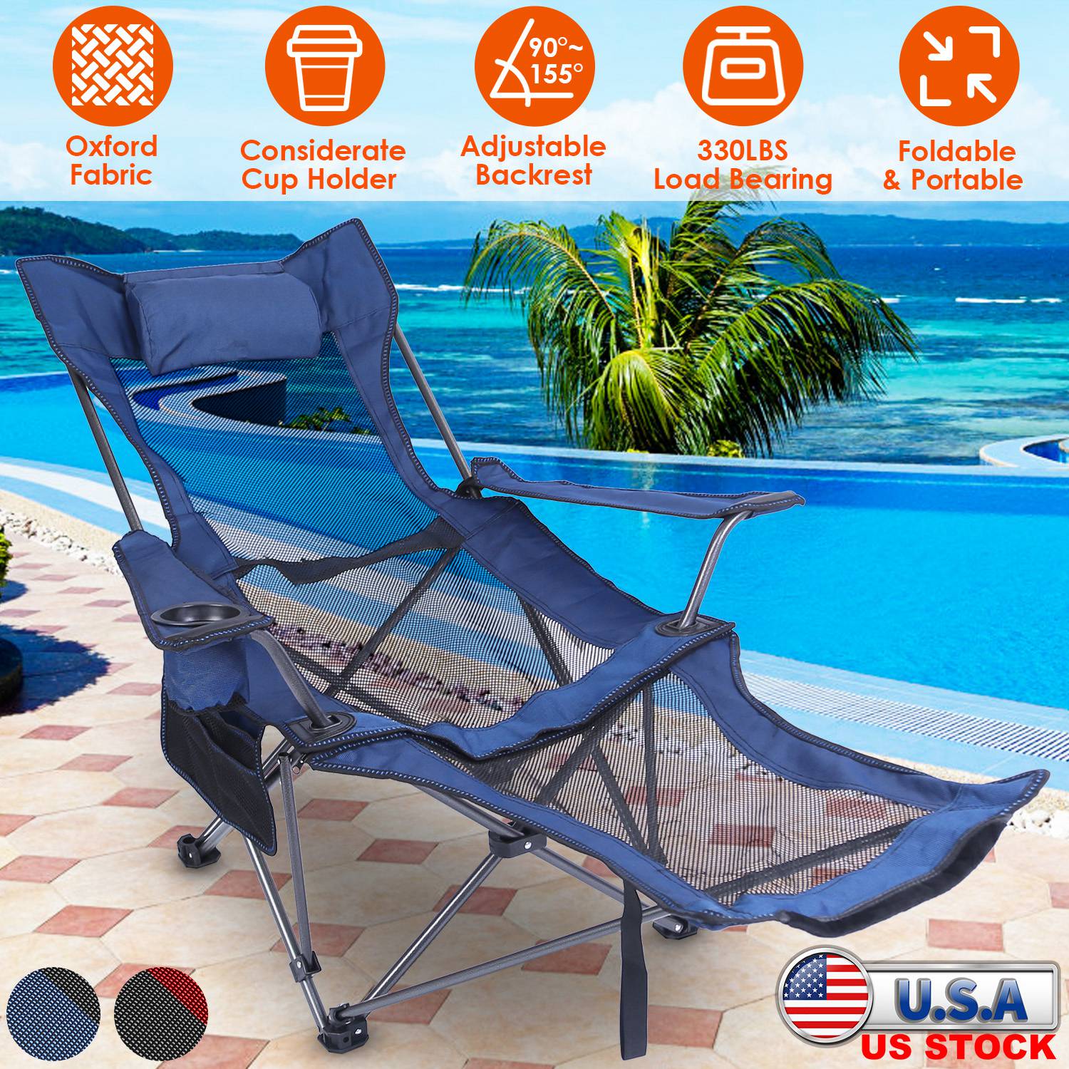 Foldable Camping Chair 330LBS Load Heavy Duty Steel Lawn Chair Collapsible Chair with Reclining Backrest Angle Cup Holder Pillow Side Pocket Carry Bag - Energize Trek