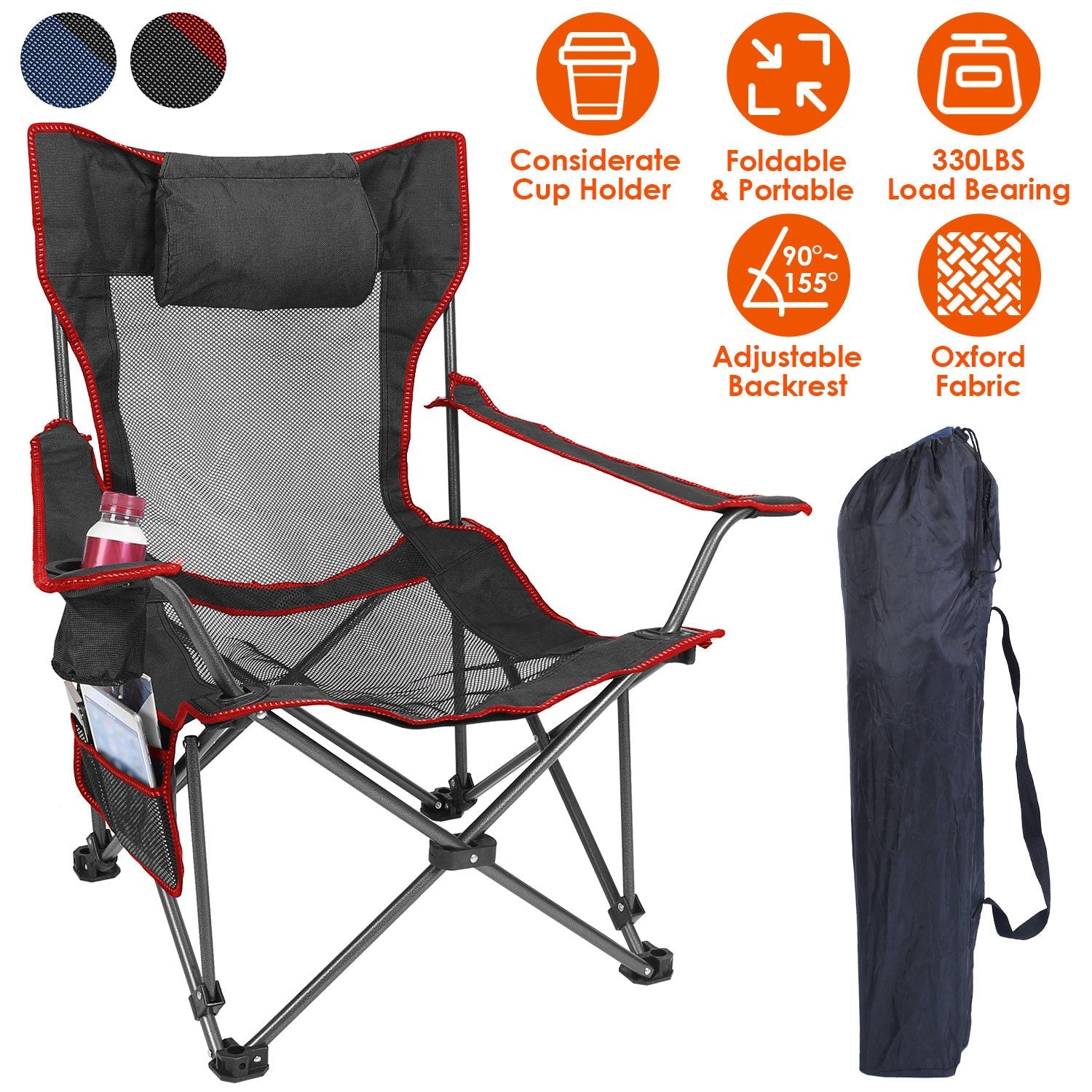 Foldable Camping Chair 330LBS Load Heavy Duty Steel Lawn Chair Collapsible Chair with Reclining Backrest Angle Cup Holder Pillow Side Pocket Carry Bag - Energize Trek