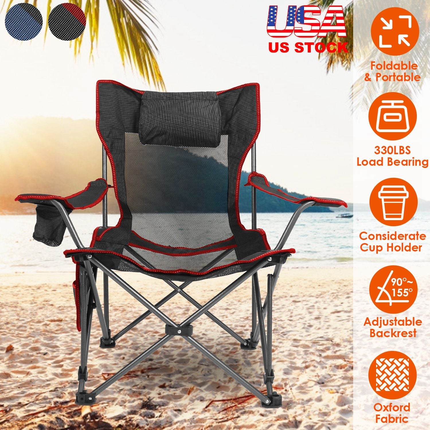 Foldable Camping Chair 330LBS Load Heavy Duty Steel Lawn Chair Collapsible Chair with Reclining Backrest Angle Cup Holder Pillow Side Pocket Carry Bag - Energize Trek