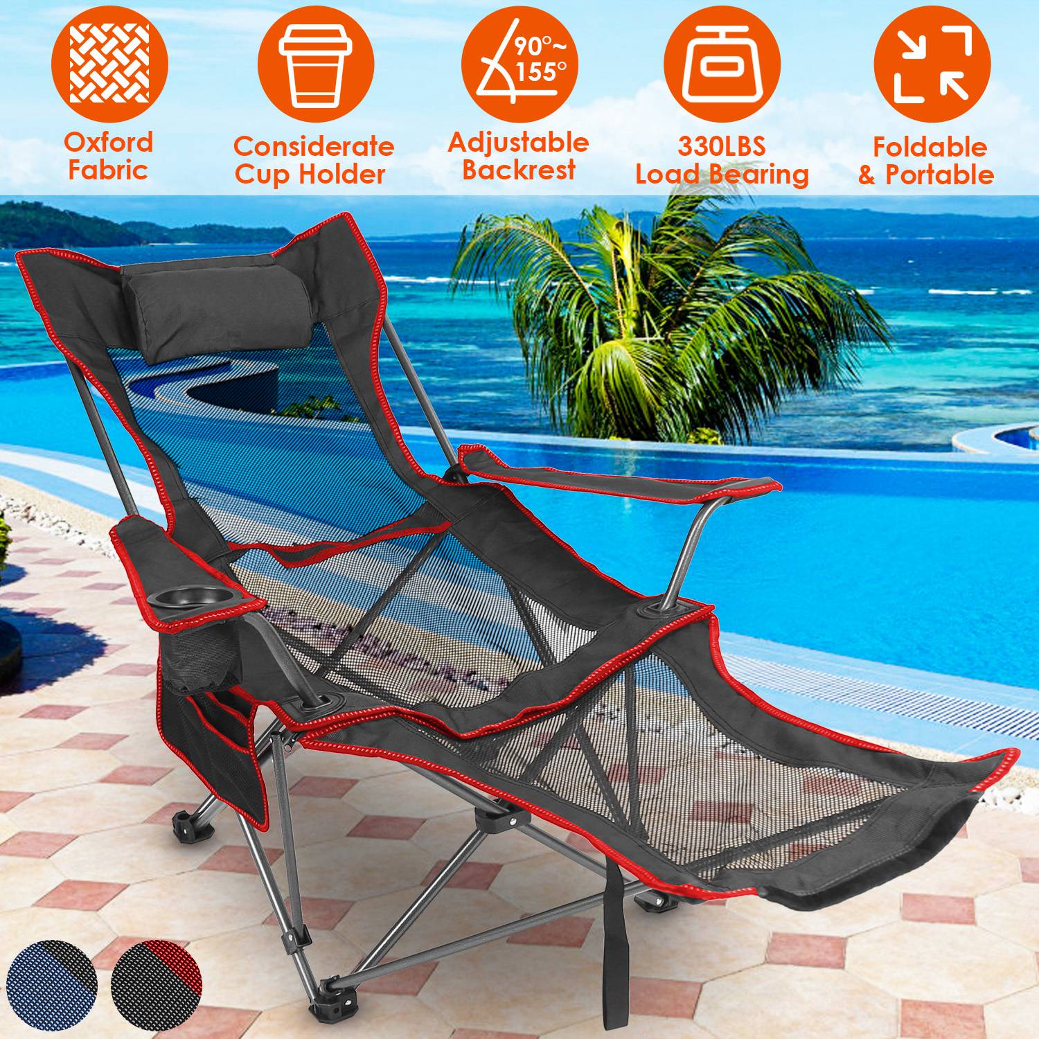 Foldable Camping Chair 330LBS Load Heavy Duty Steel Lawn Chair Collapsible Chair with Reclining Backrest Angle Cup Holder Pillow Side Pocket Carry Bag - Energize Trek