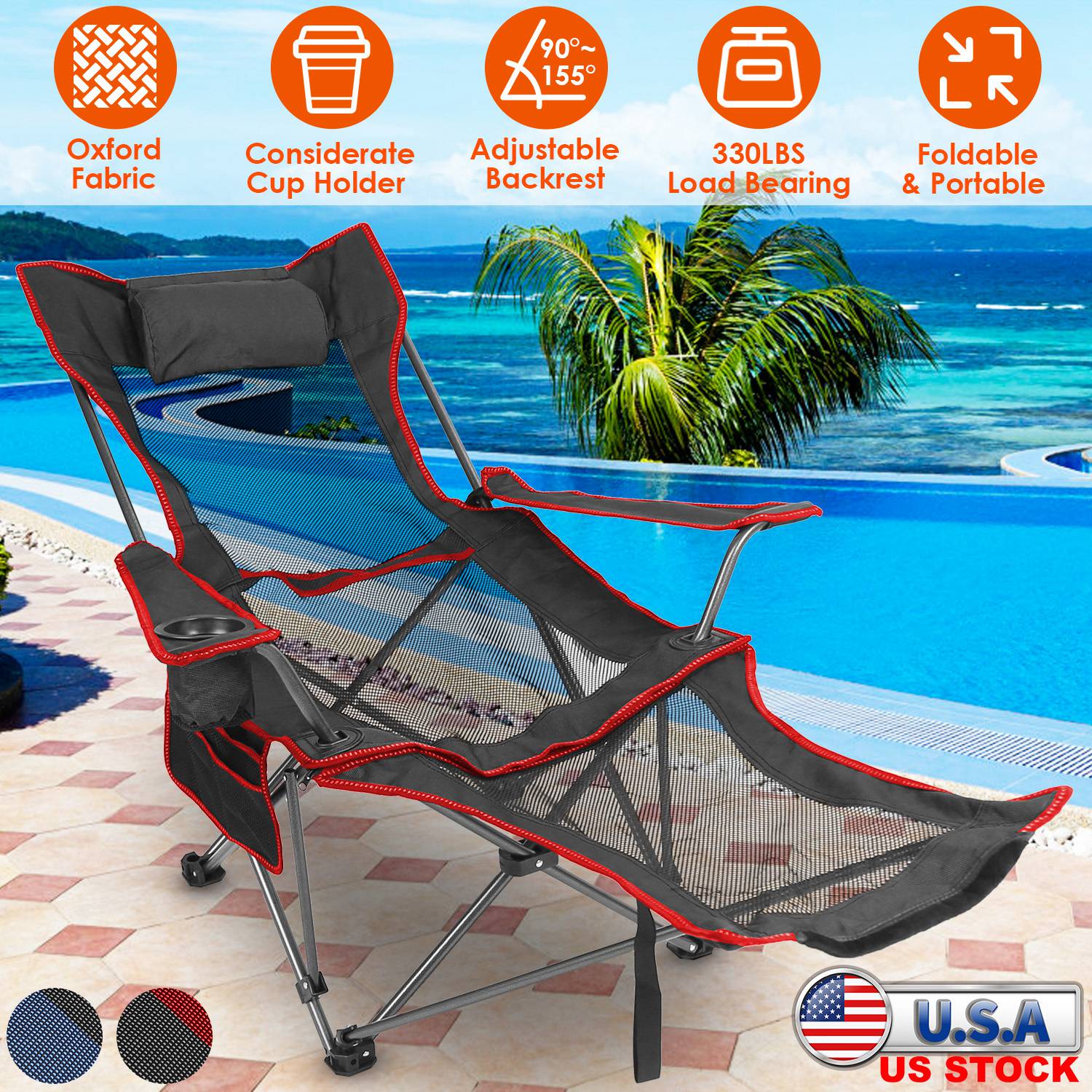 Foldable Camping Chair 330LBS Load Heavy Duty Steel Lawn Chair Collapsible Chair with Reclining Backrest Angle Cup Holder Pillow Side Pocket Carry Bag - Energize Trek