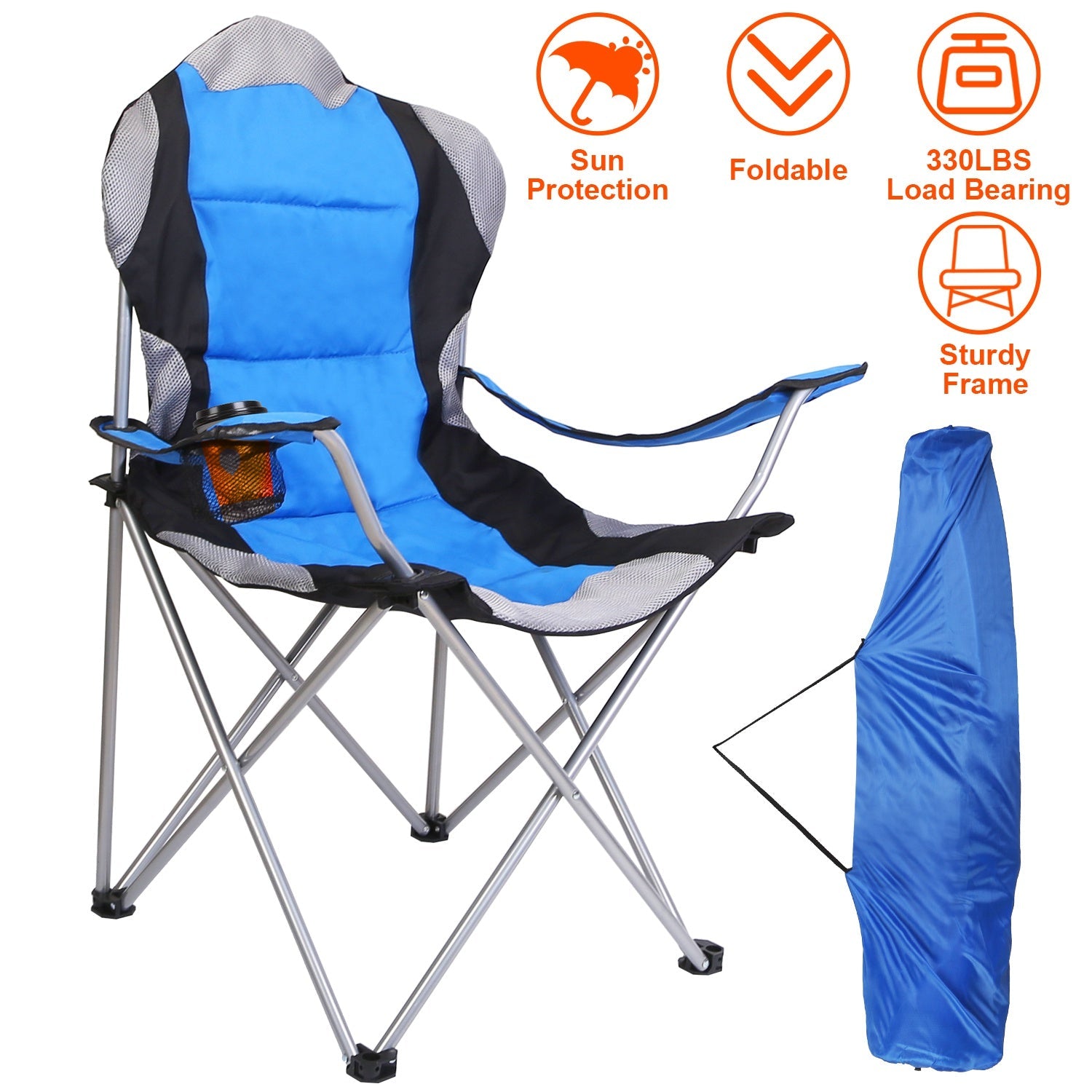 Foldable Camping Chair Heavy Duty Steel Lawn Chair Padded Seat Arm Back Beach Chair 330LBS Max Load with Cup Holder Carry Bag - Energize Trek