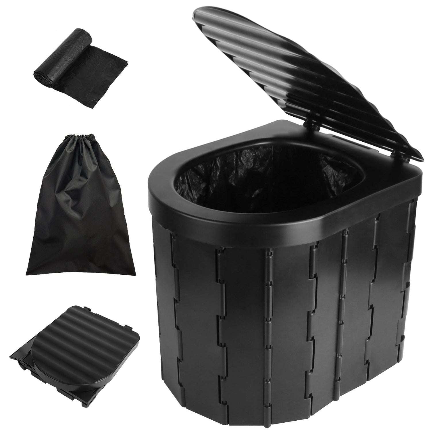 Foldable Emergency Toilet Portable Porta Potty for Car Travel Camping Boating Hiking Cleanable Travel Commode with Lid Carry Bag 1 Roll Garbage Bags - Energize Trek