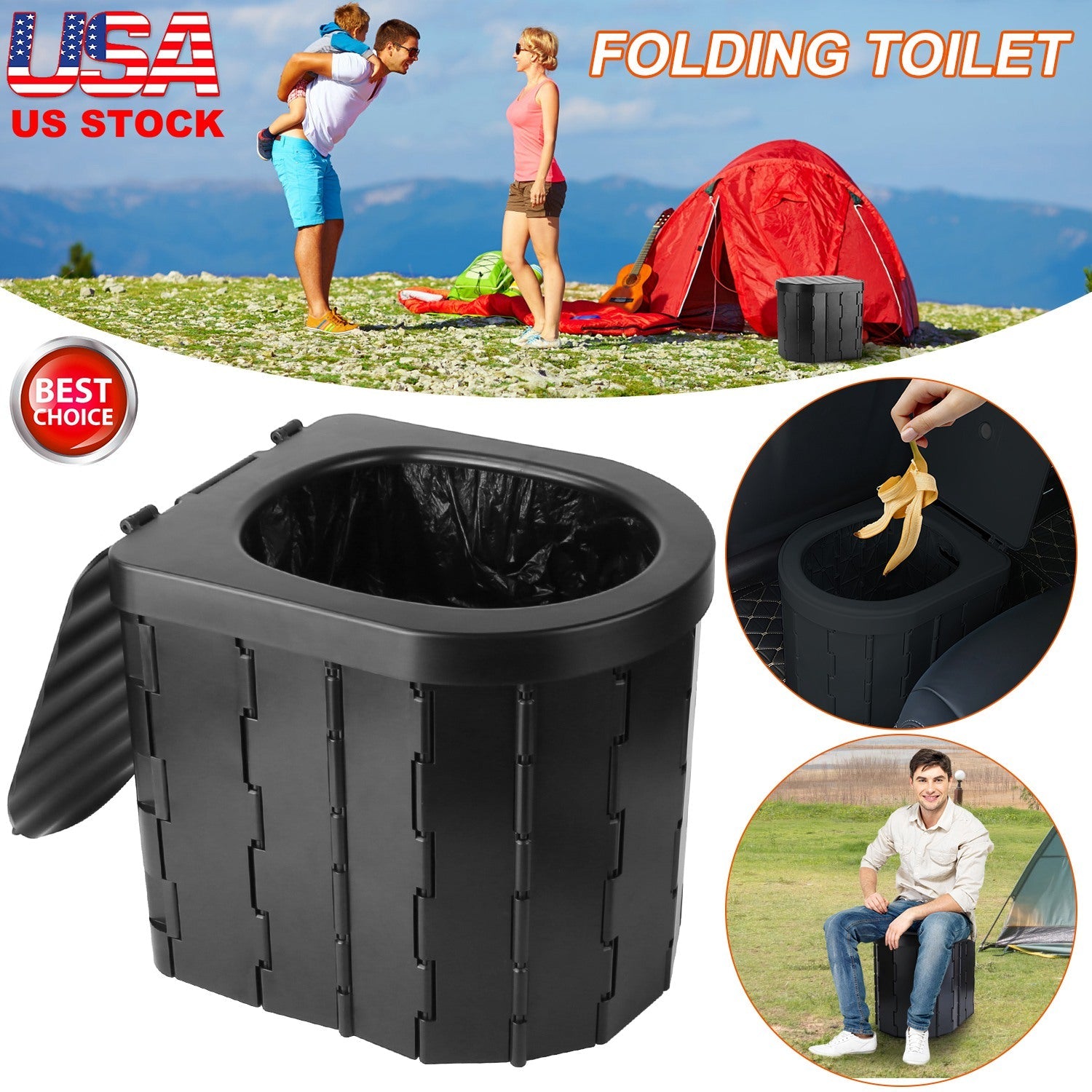 Foldable Emergency Toilet Portable Porta Potty for Car Travel Camping Boating Hiking Cleanable Travel Commode with Lid Carry Bag 1 Roll Garbage Bags - Energize Trek
