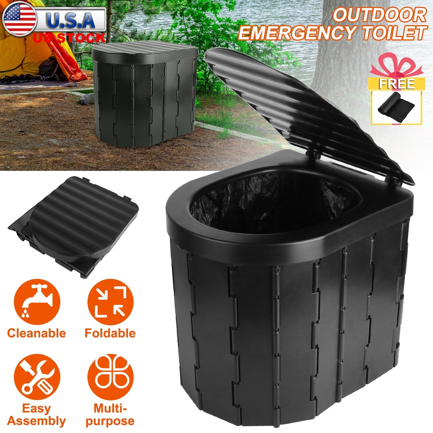 Foldable Emergency Toilet Portable Porta Potty for Car Travel Camping Boating Hiking Cleanable Travel Commode with Lid Carry Bag 1 Roll Garbage Bags - Energize Trek