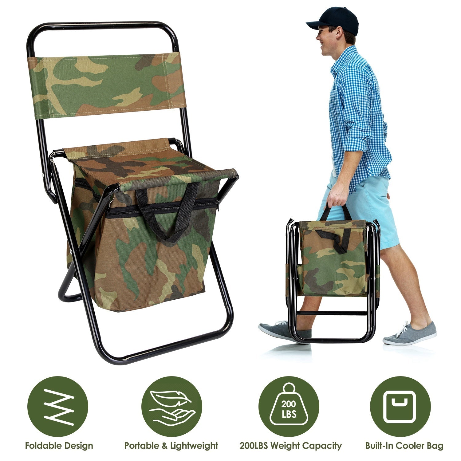 Foldable Fishing Chair With Backrest Built-In Cooler Bag Portable Handle Outdoor Lightweight Fishing Stool For Camping Hiking Hunting - Energize Trek
