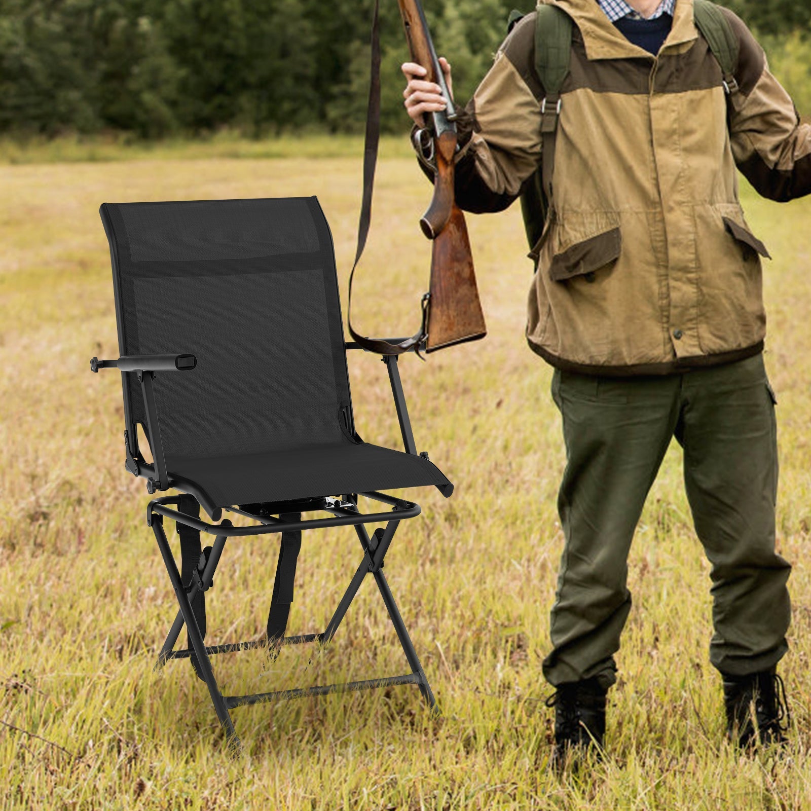 Foldable Swivel Patio Chair with Armrest and Mesh Back - Energize Trek