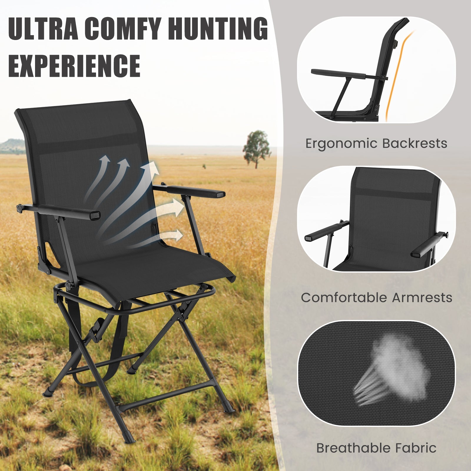 Foldable Swivel Patio Chair with Armrest and Mesh Back - Energize Trek