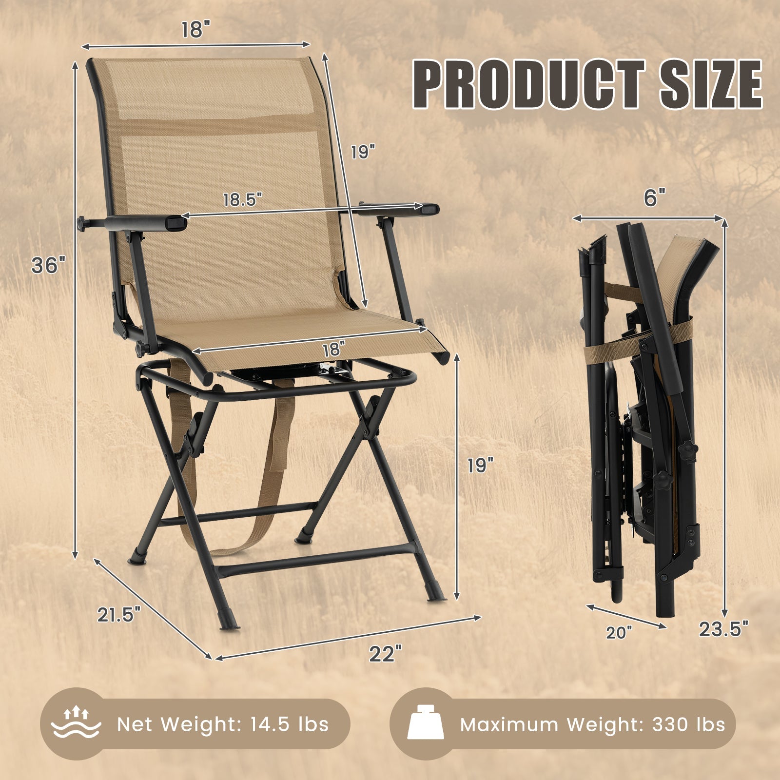 Foldable Swivel Patio Chair with Armrest and Mesh Back - Energize Trek