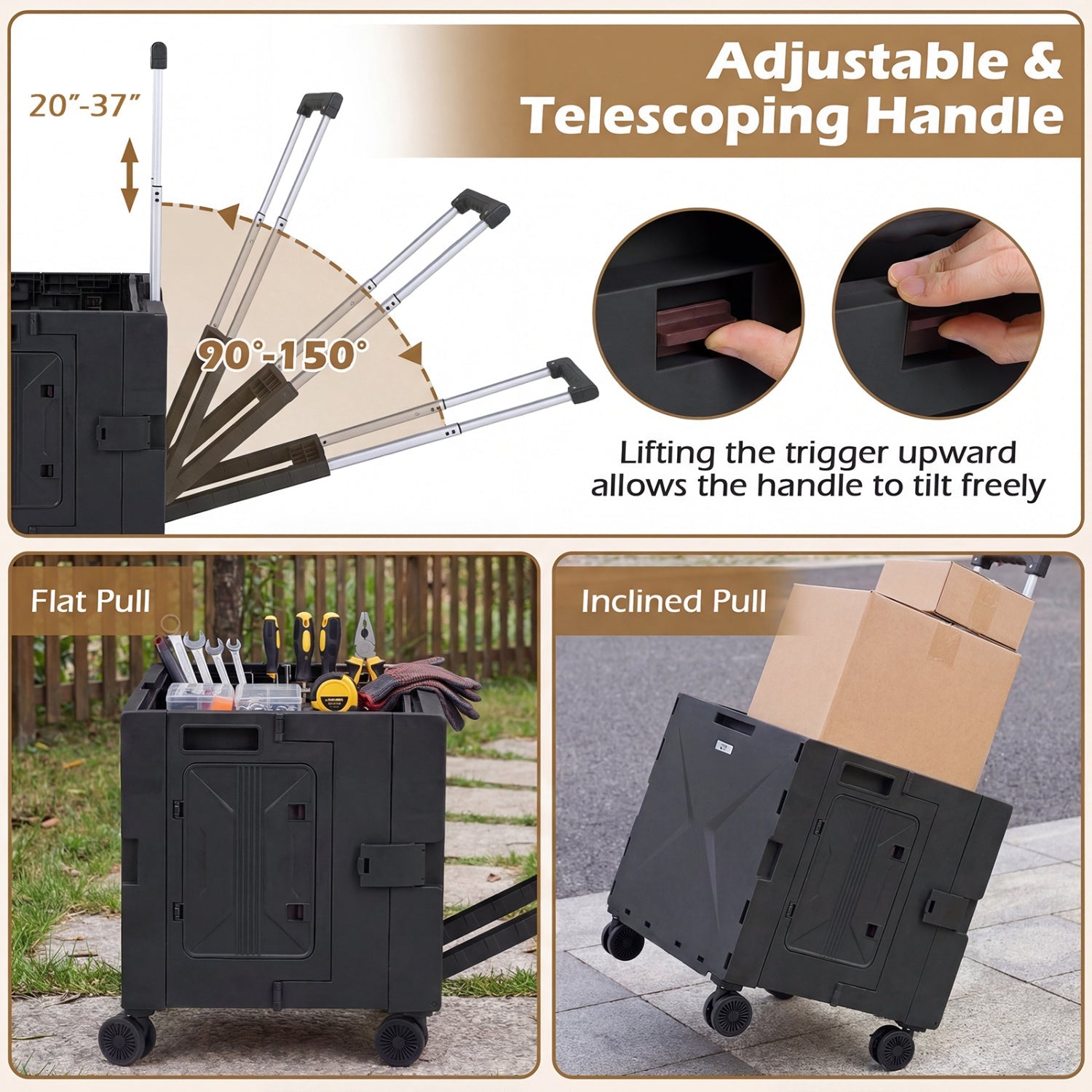 Foldable Utility Cart on 4 Rotate Wheels with Cup Holder - Energize Trek