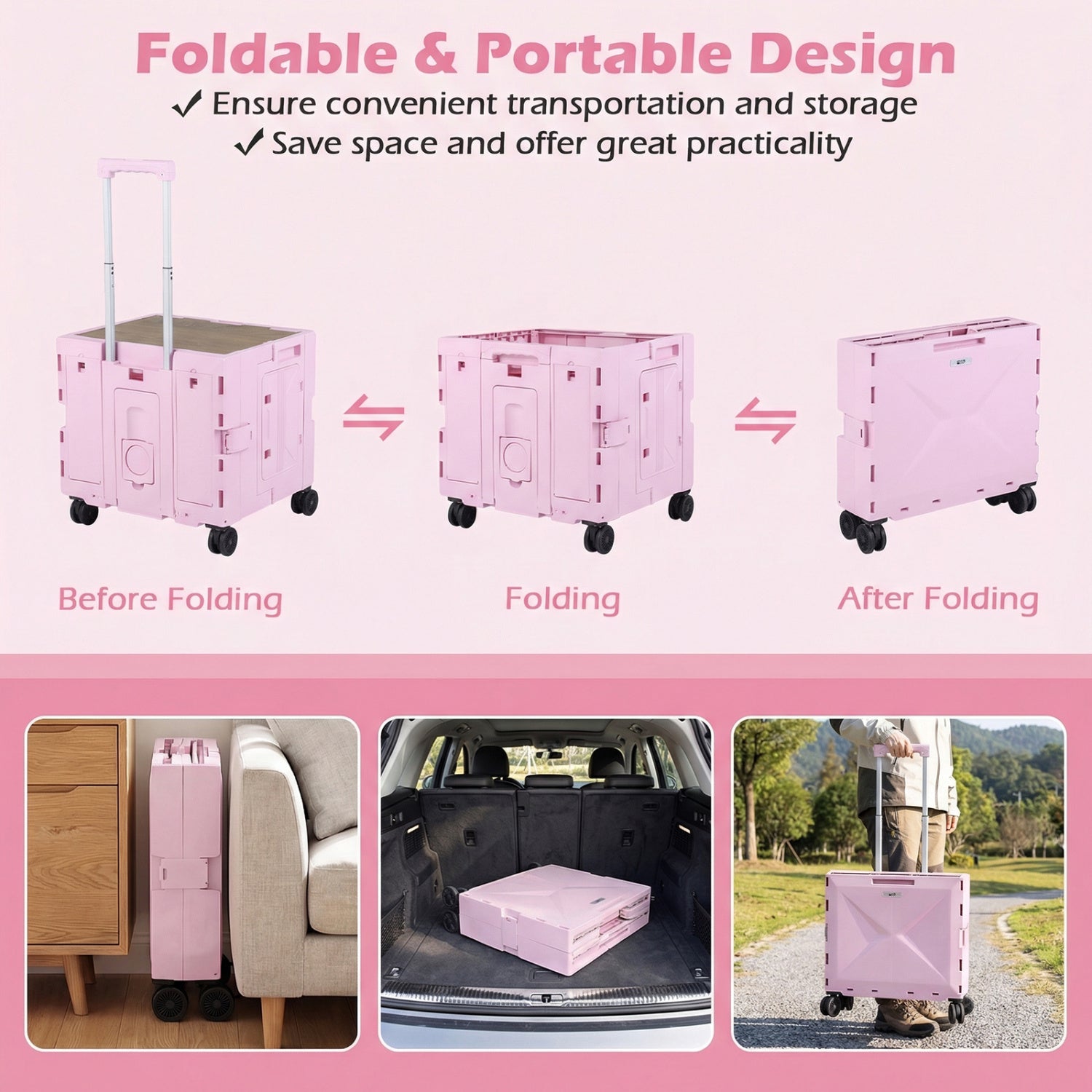 Foldable Utility Cart on 4 Rotate Wheels with Cup Holder - Energize Trek
