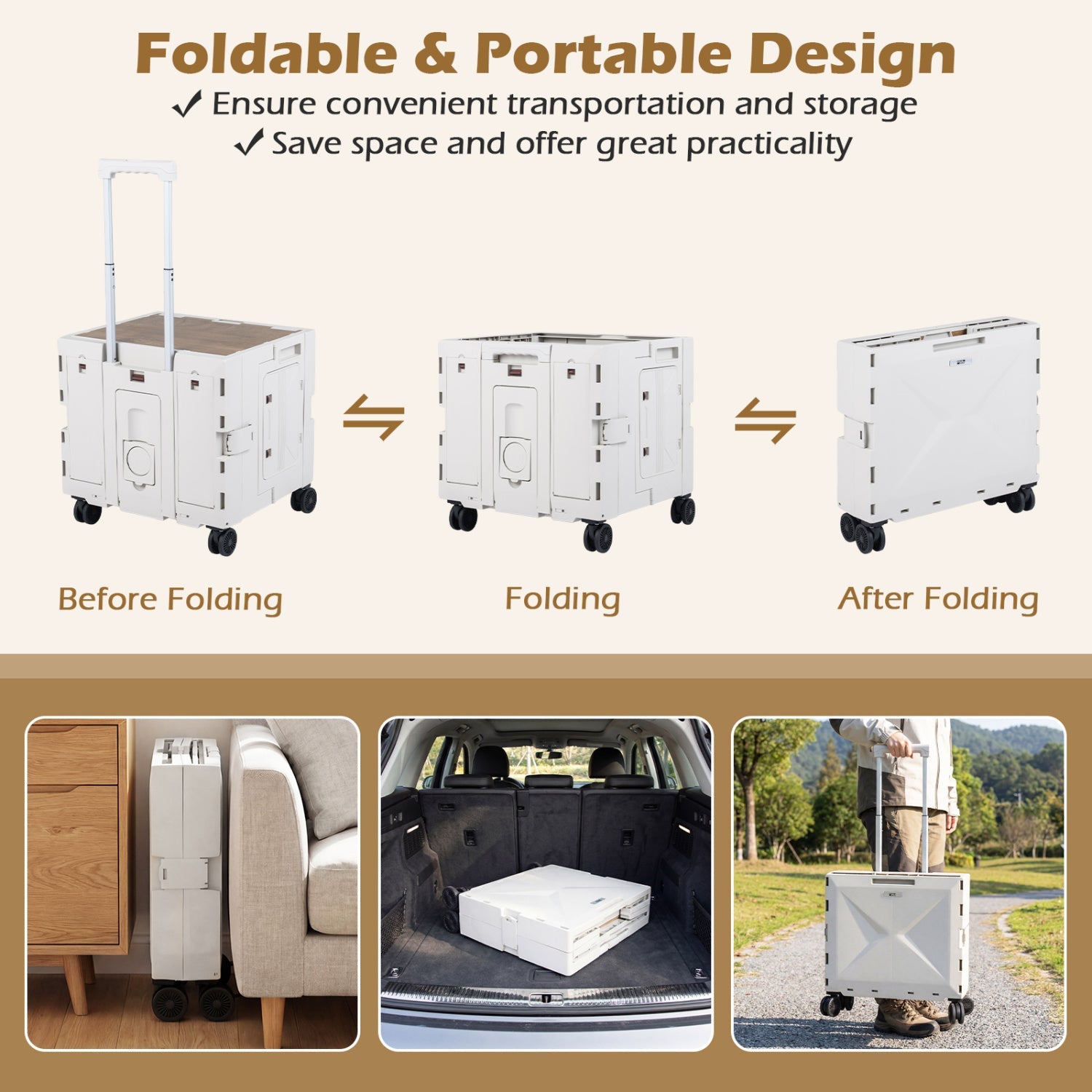 Foldable Utility Cart on 4 Rotate Wheels with Cup Holder - Energize Trek