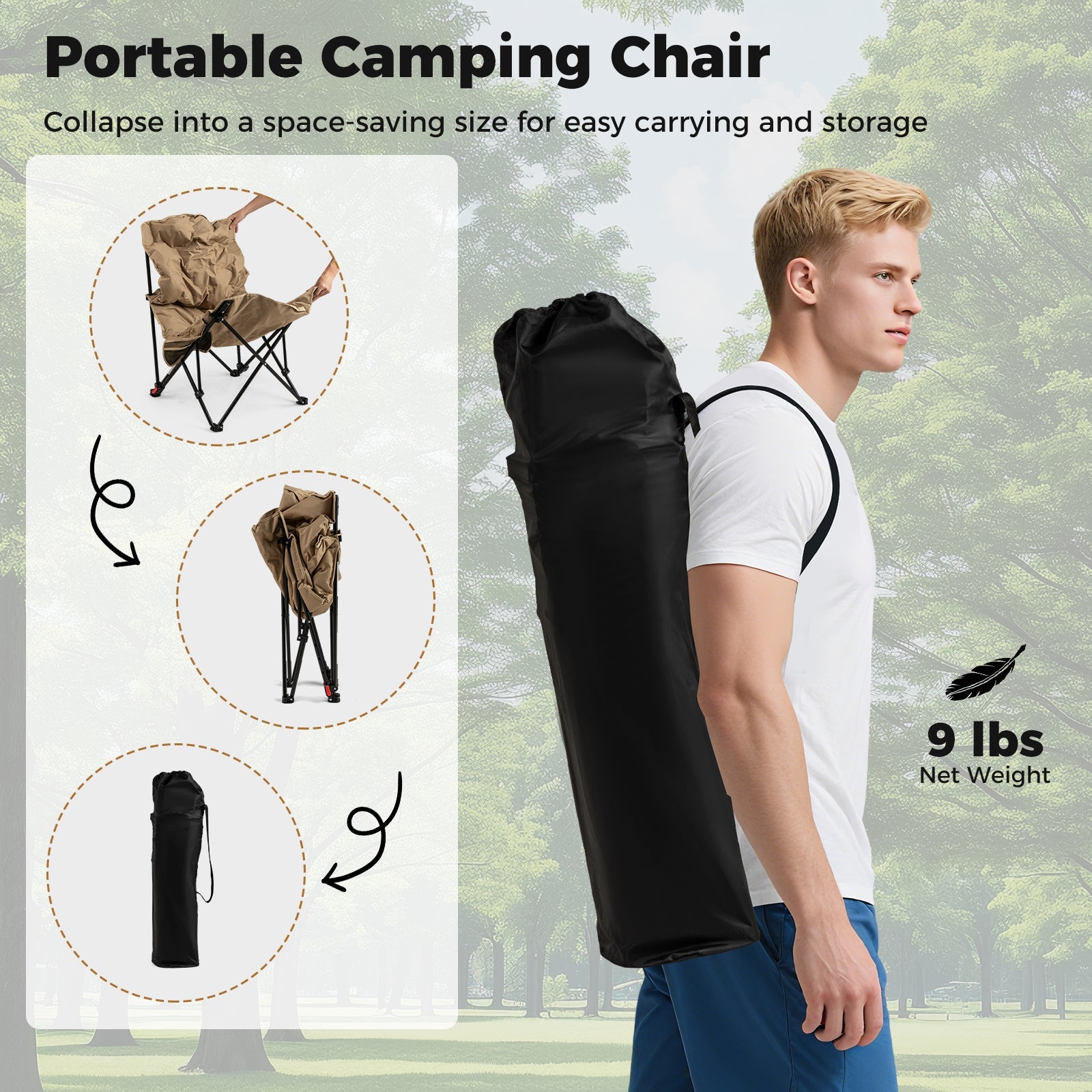 Folding Camping Chair for Adults with Adjustable Backrest and Carrying Bag-Khaki - Energize Trek