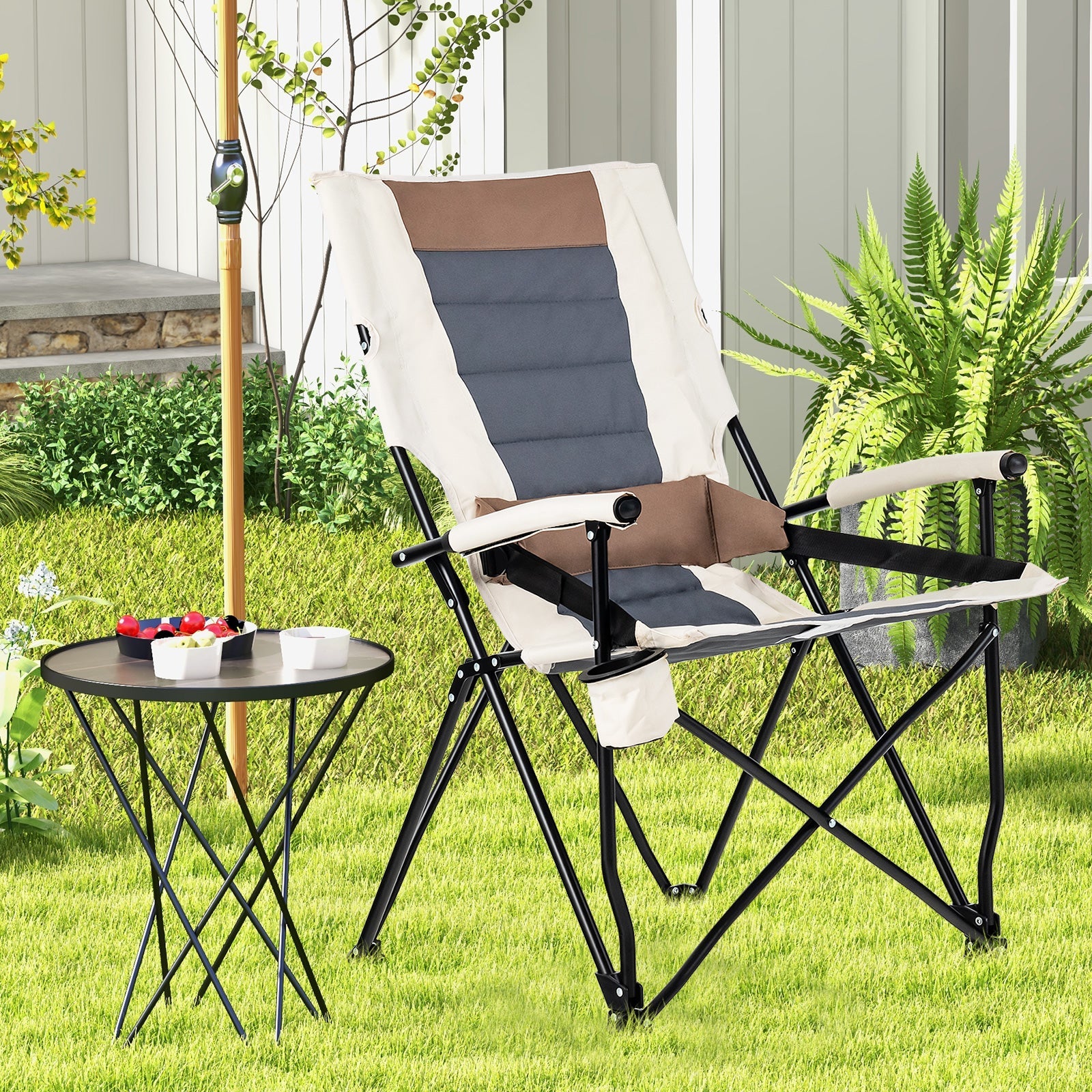 Folding Camping Chair with Cup Holder Armrest and Lumbar Pillow - Energize Trek