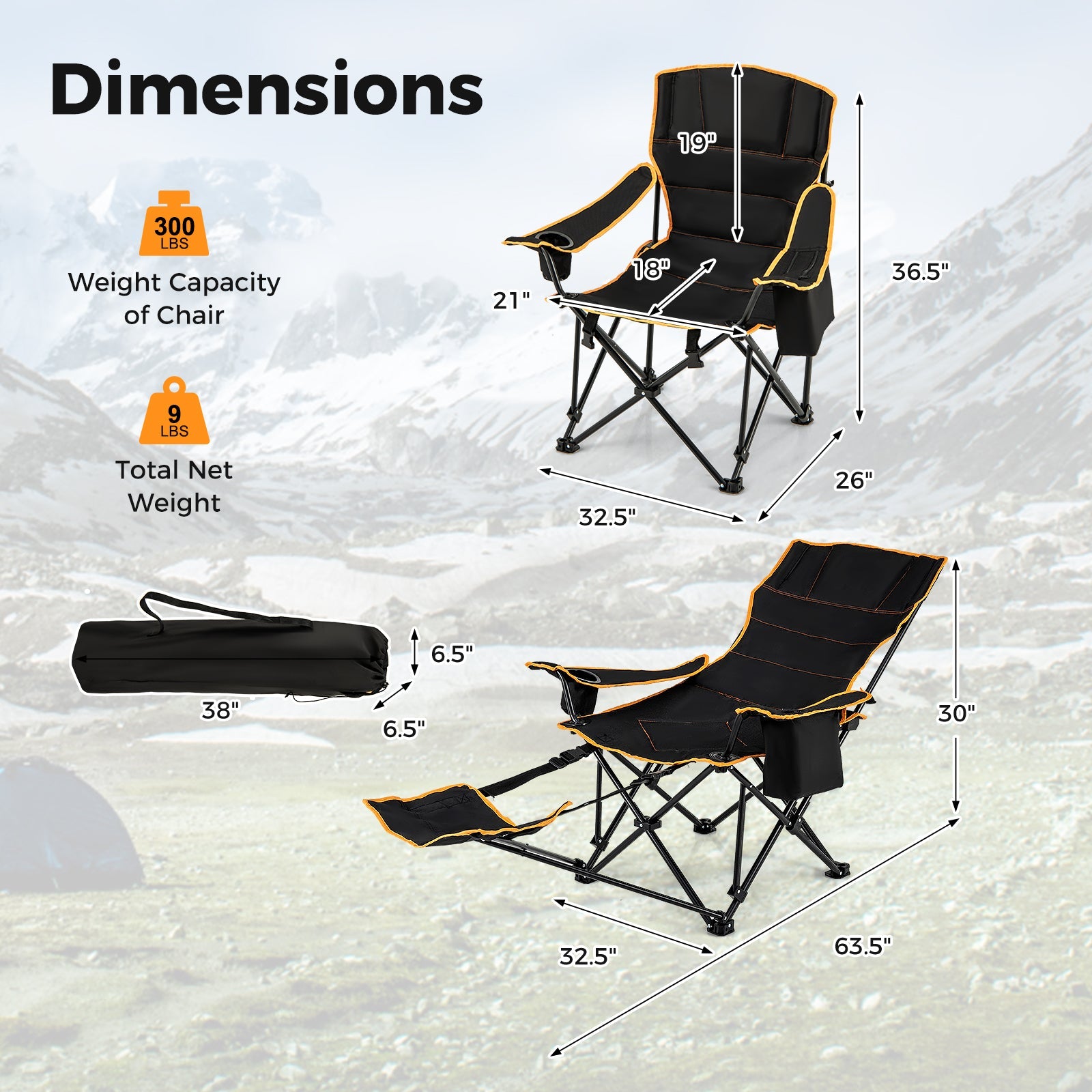 Folding Camping Chair with Footrest Camping Lounge Chair with Carry Bag-Black - Energize Trek