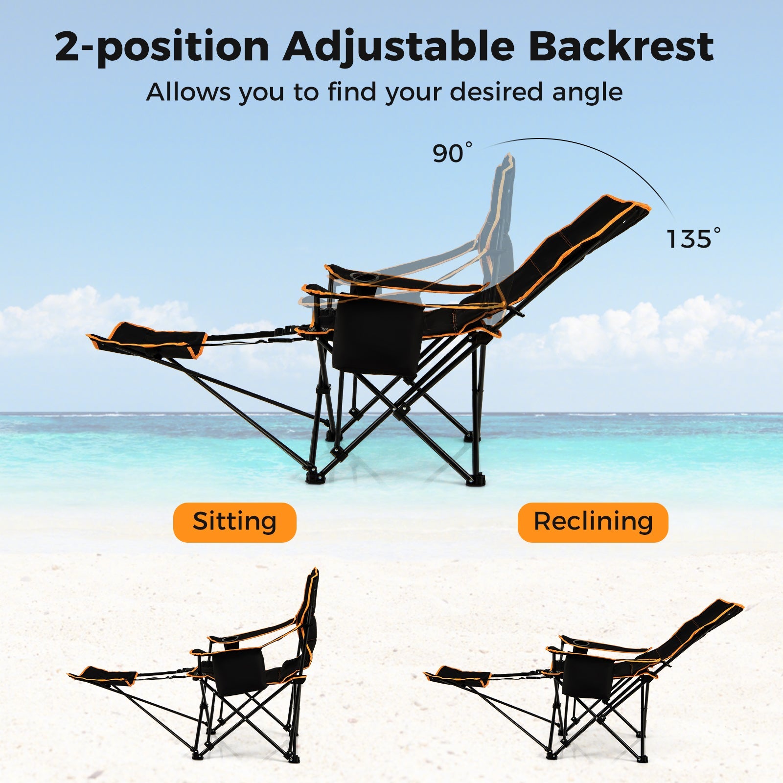Folding Camping Chair with Footrest Camping Lounge Chair with Carry Bag-Black - Energize Trek