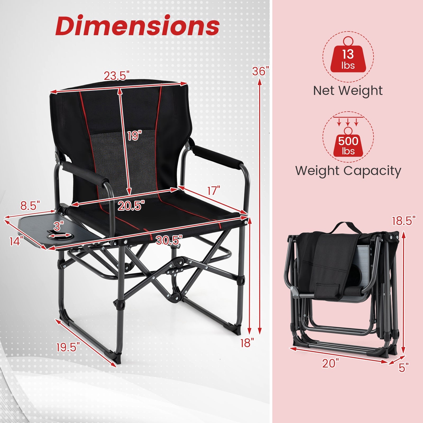 Folding Camping Chair with Side Table and Cup Holder with Carrying Bag - Energize Trek