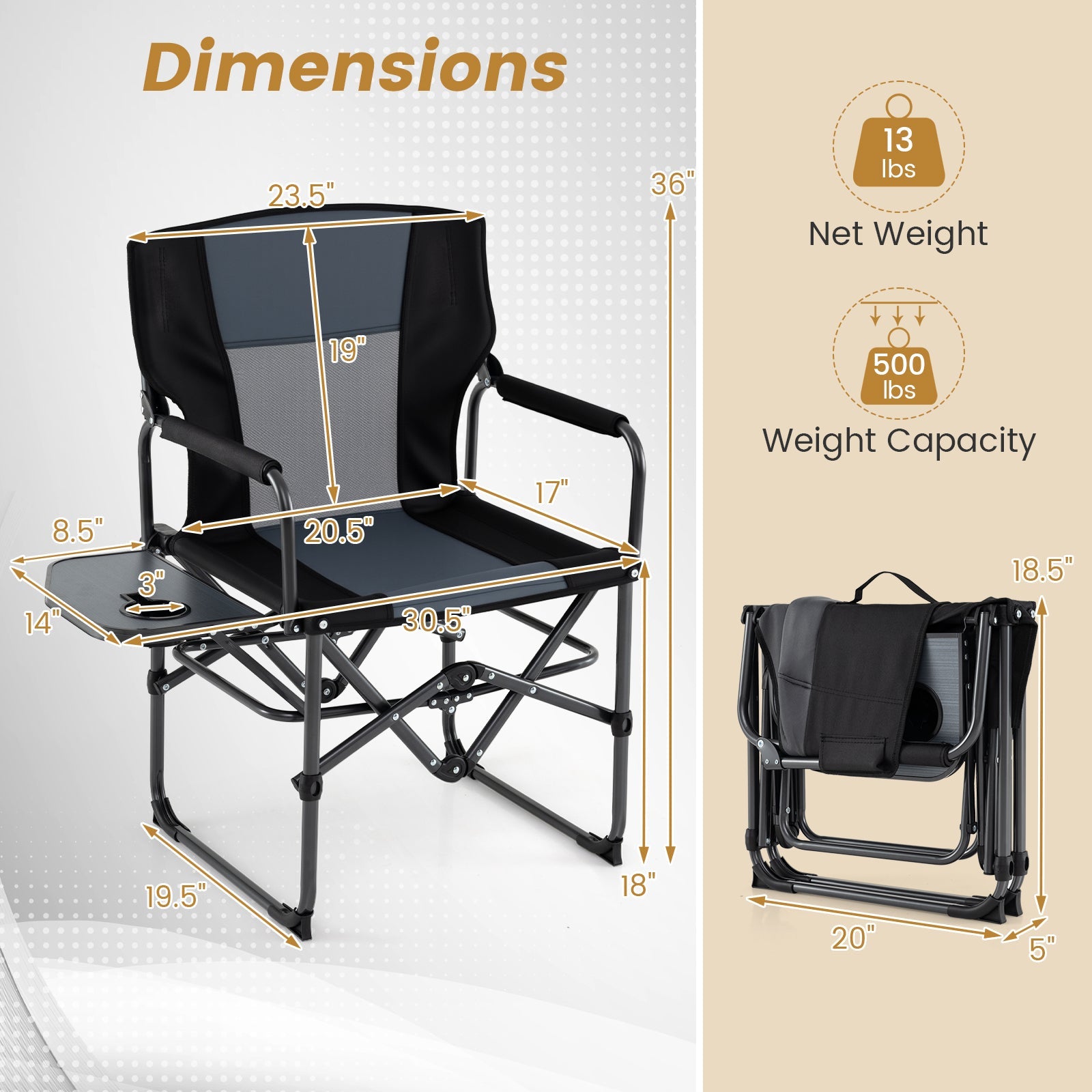 Folding Camping Chair with Side Table and Cup Holder with Carrying Bag - Energize Trek