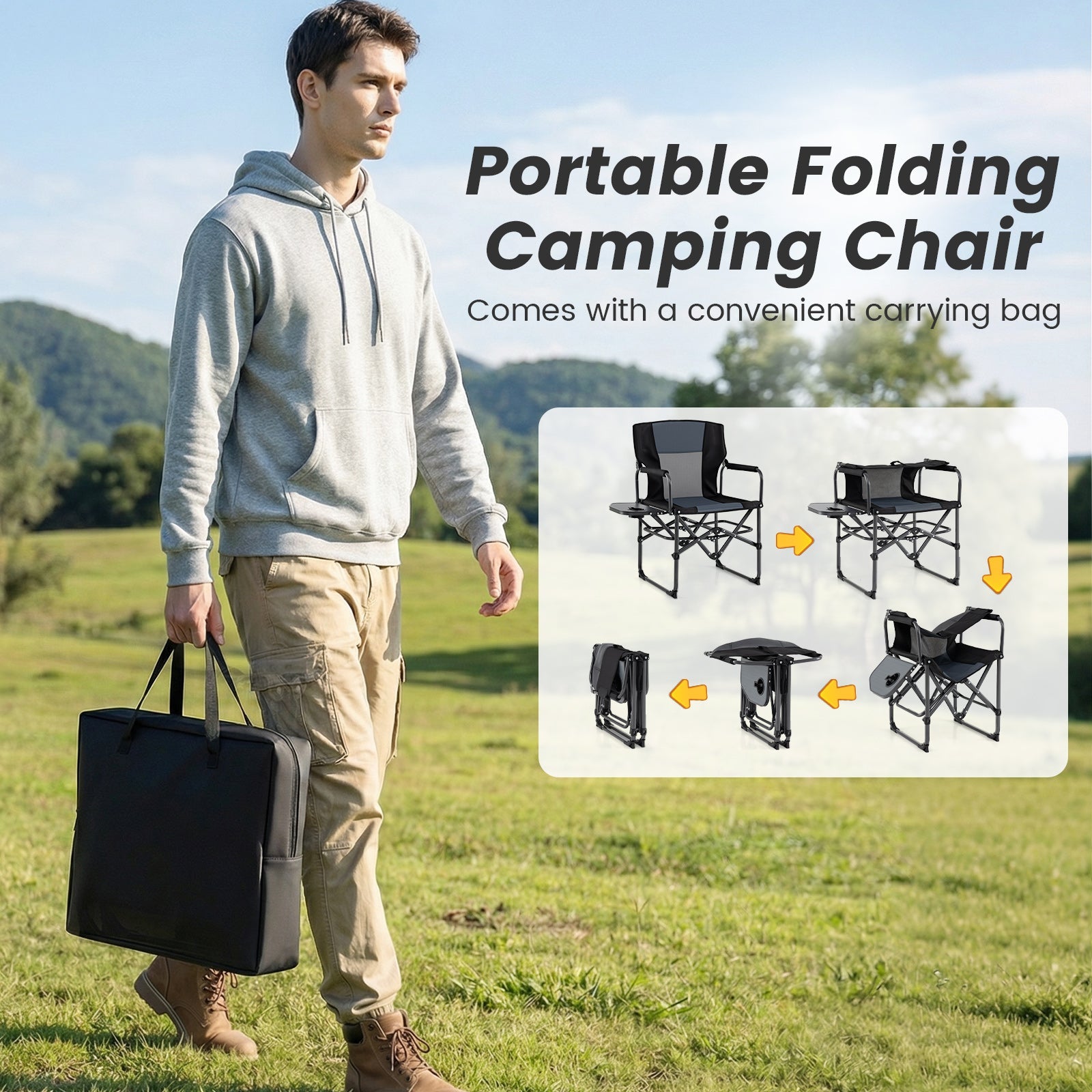 Folding Camping Chair with Side Table and Cup Holder with Carrying Bag - Energize Trek