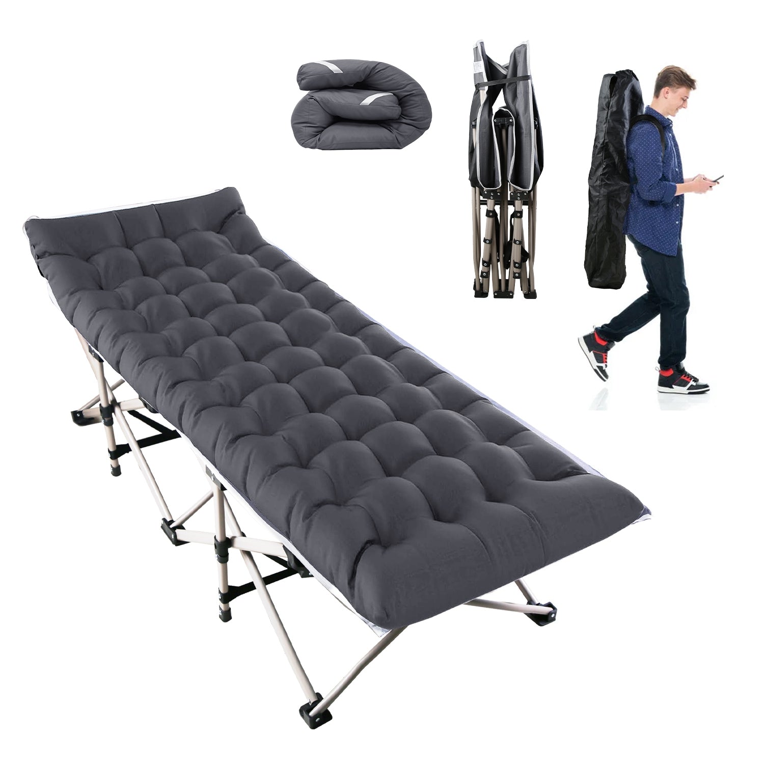 Folding Camping Cot Portable Sleeping Camping Bed Collapsible Travel Camp Cots Guest Bed Cot with 2-Sided Soft Pad 440LBS Max Load - Energize Trek