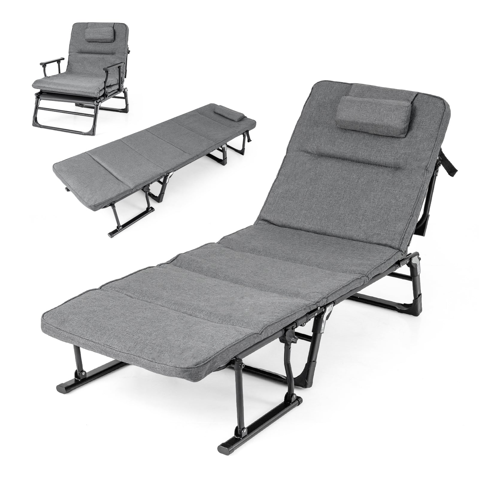 Folding Camping Cot with Mattress 3 in 1 Convertible Single Sofa Chaise Lounge Chair Sleeper-Gray - Energize Trek
