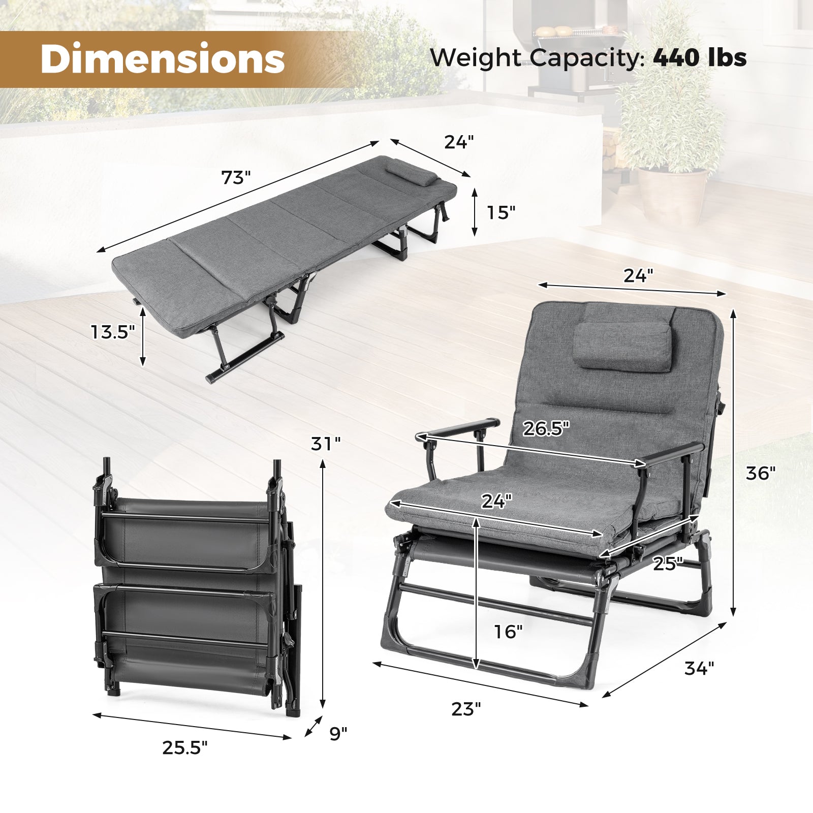 Folding Camping Cot with Mattress 3 in 1 Convertible Single Sofa Chaise Lounge Chair Sleeper-Gray - Energize Trek