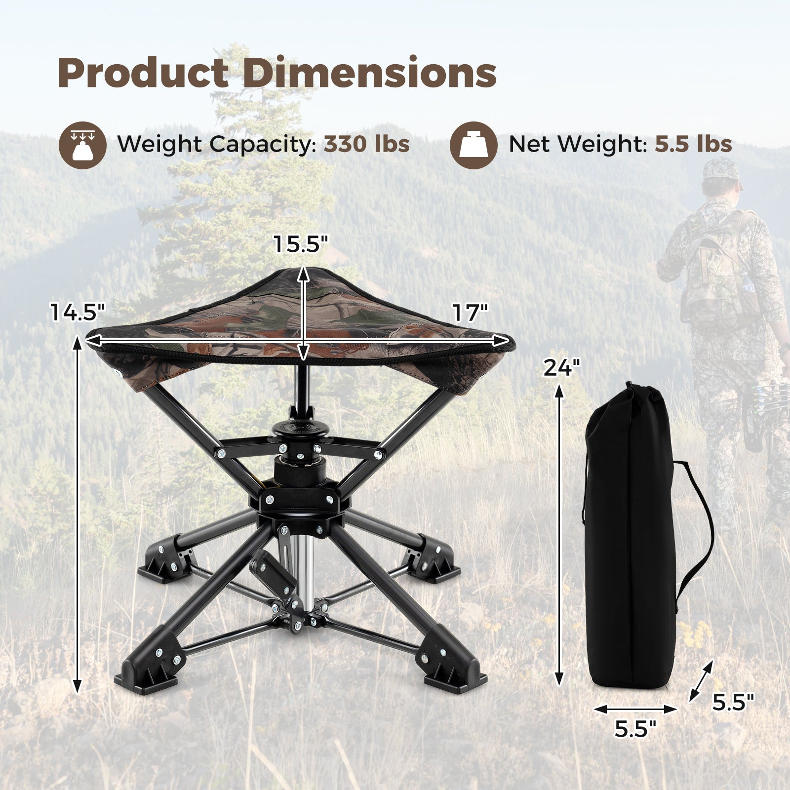 Folding Camping Stool 360° Swivel Hunting Chair with Anti-Sink Feet - Energize Trek
