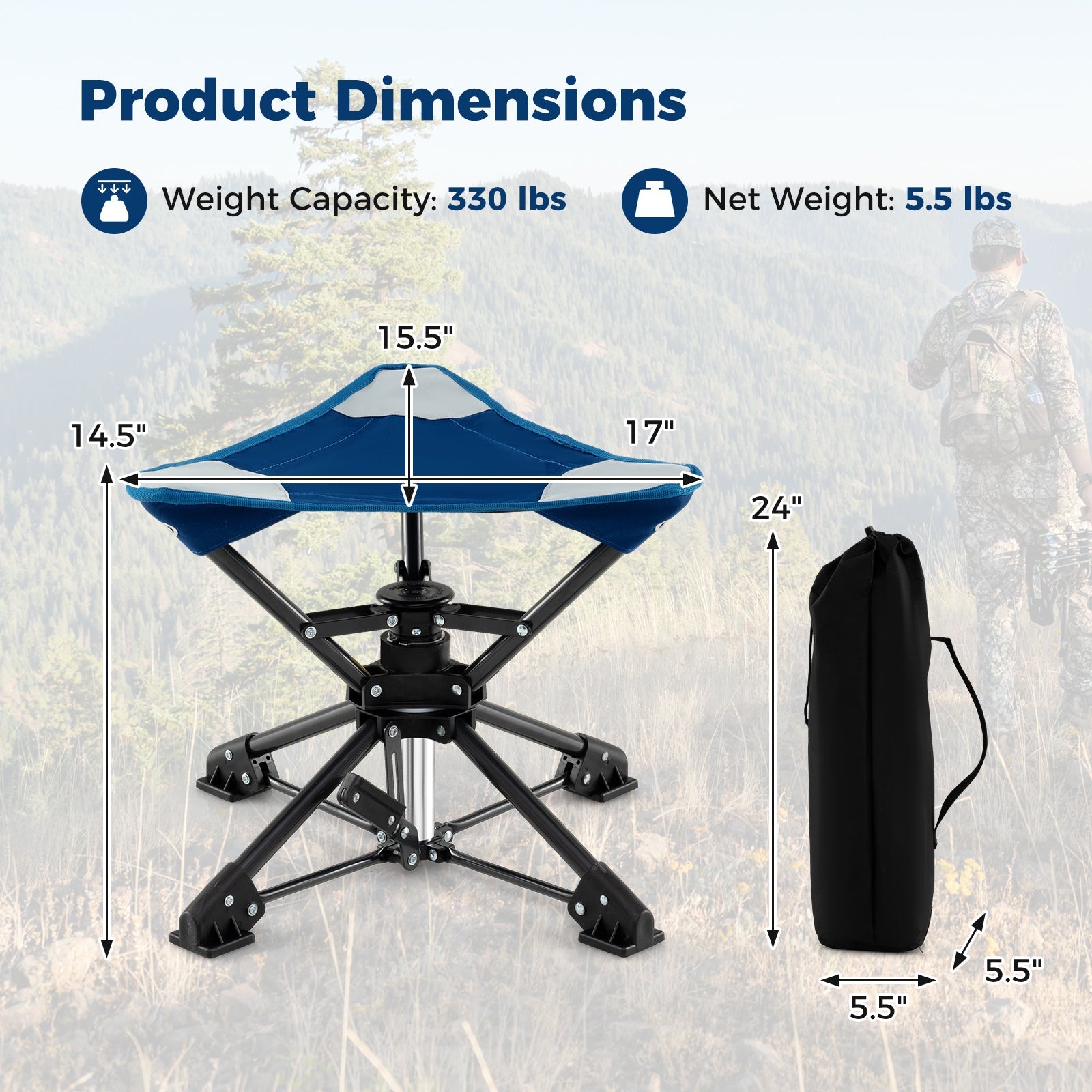Folding Camping Stool 360° Swivel Hunting Chair with Anti-Sink Feet - Energize Trek