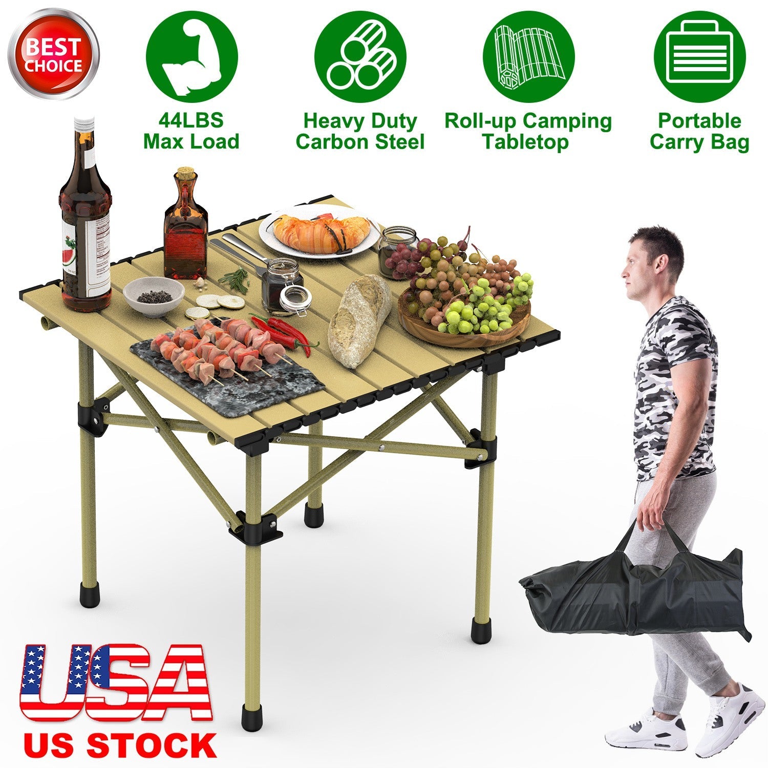 Folding Camping Table Portable Lightweight Carbon Steel Roll-up Picnic BBQ Desk with Carry Bag Heavy Duty for Outdoor Beach Backyard Party Patio Campi - Energize Trek