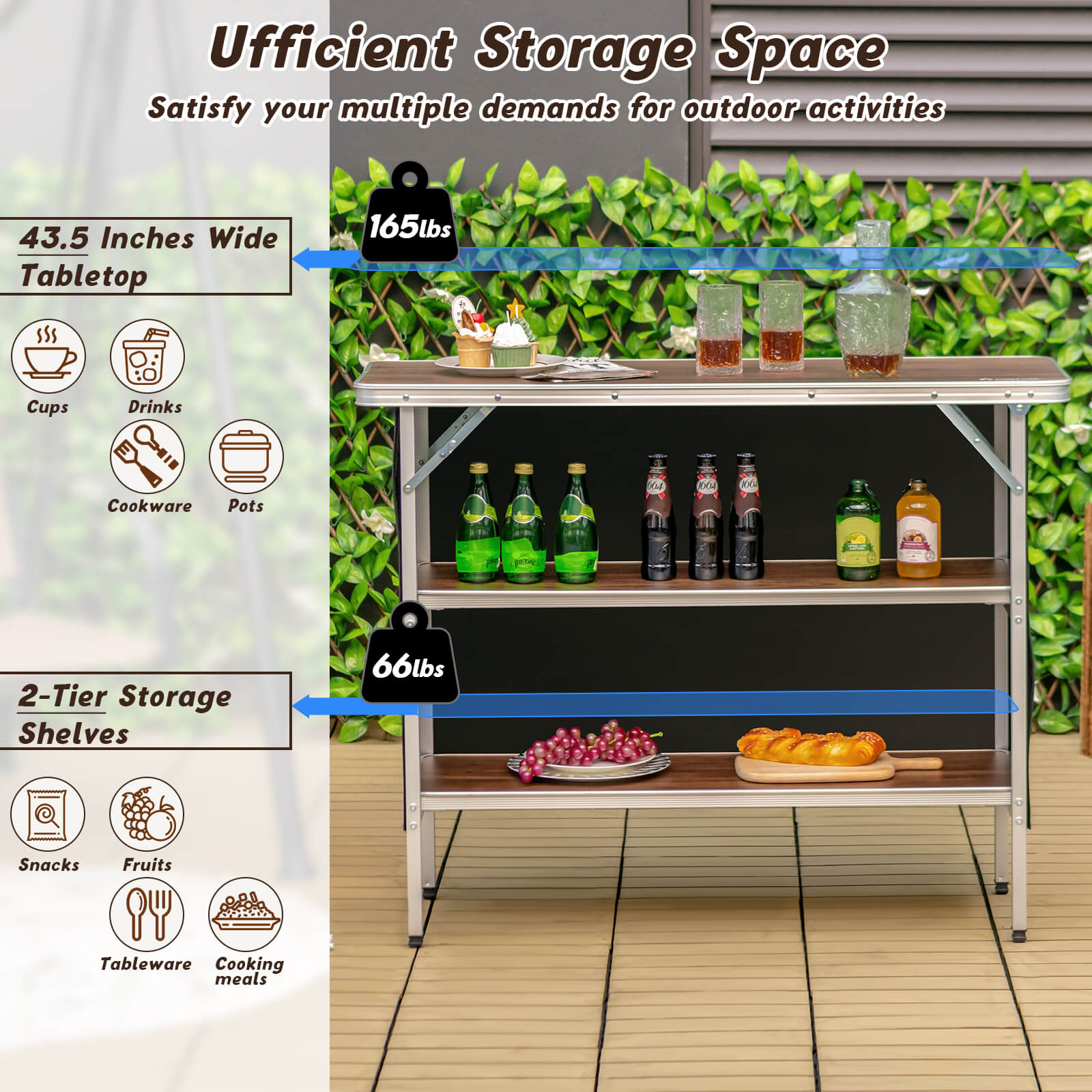 Folding Camping Table with 2-Tier Open Shelves for Outdoor BBQ - Energize Trek