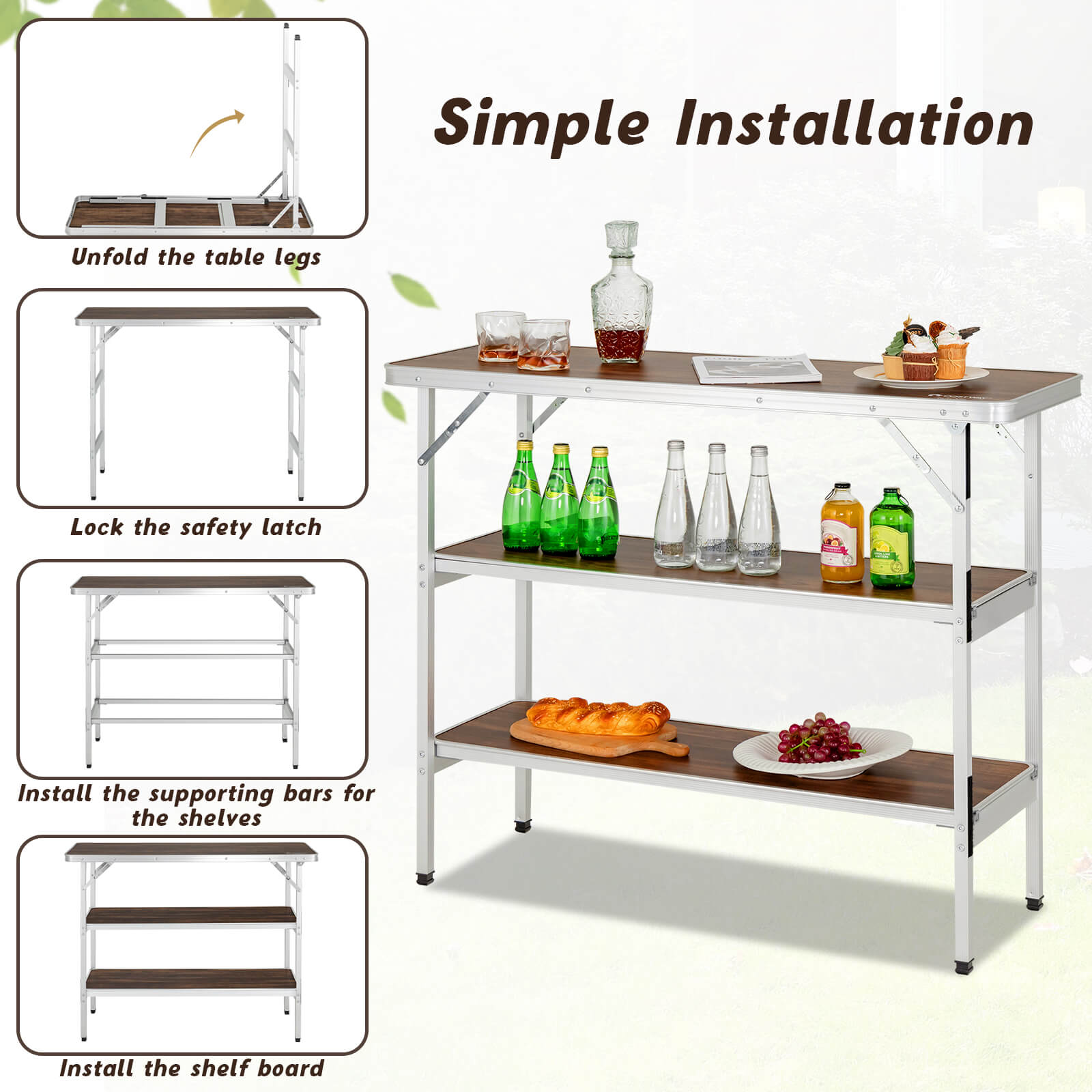 Folding Camping Table with 2-Tier Open Shelves for Outdoor BBQ - Energize Trek