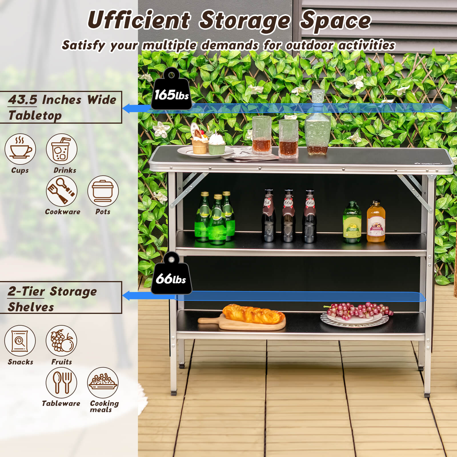 Folding Camping Table with 2-Tier Open Shelves for Outdoor BBQ - Energize Trek