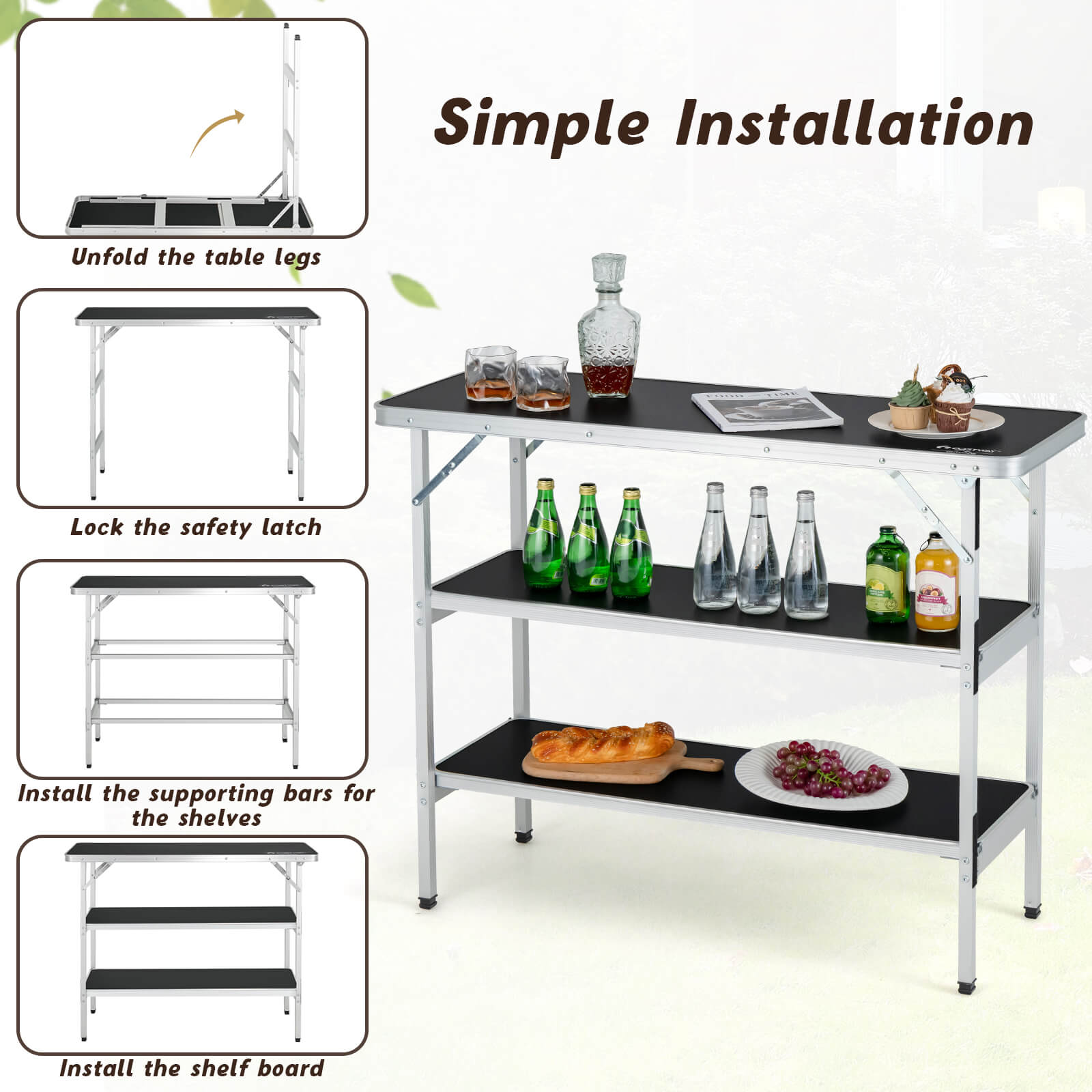 Folding Camping Table with 2-Tier Open Shelves for Outdoor BBQ - Energize Trek