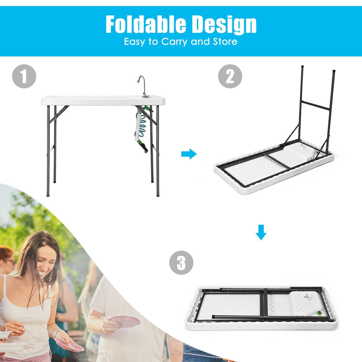 Folding Cleaning Sink Faucet Cutting Camping Table with Sprayer - Energize Trek