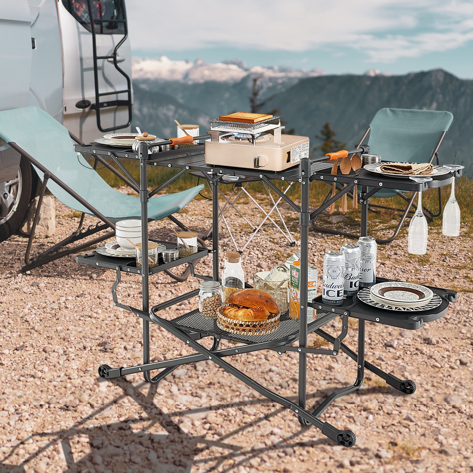 Folding Portable Outdoor Cook Station with Heat-Resistant Aluminum Tabletop - Energize Trek