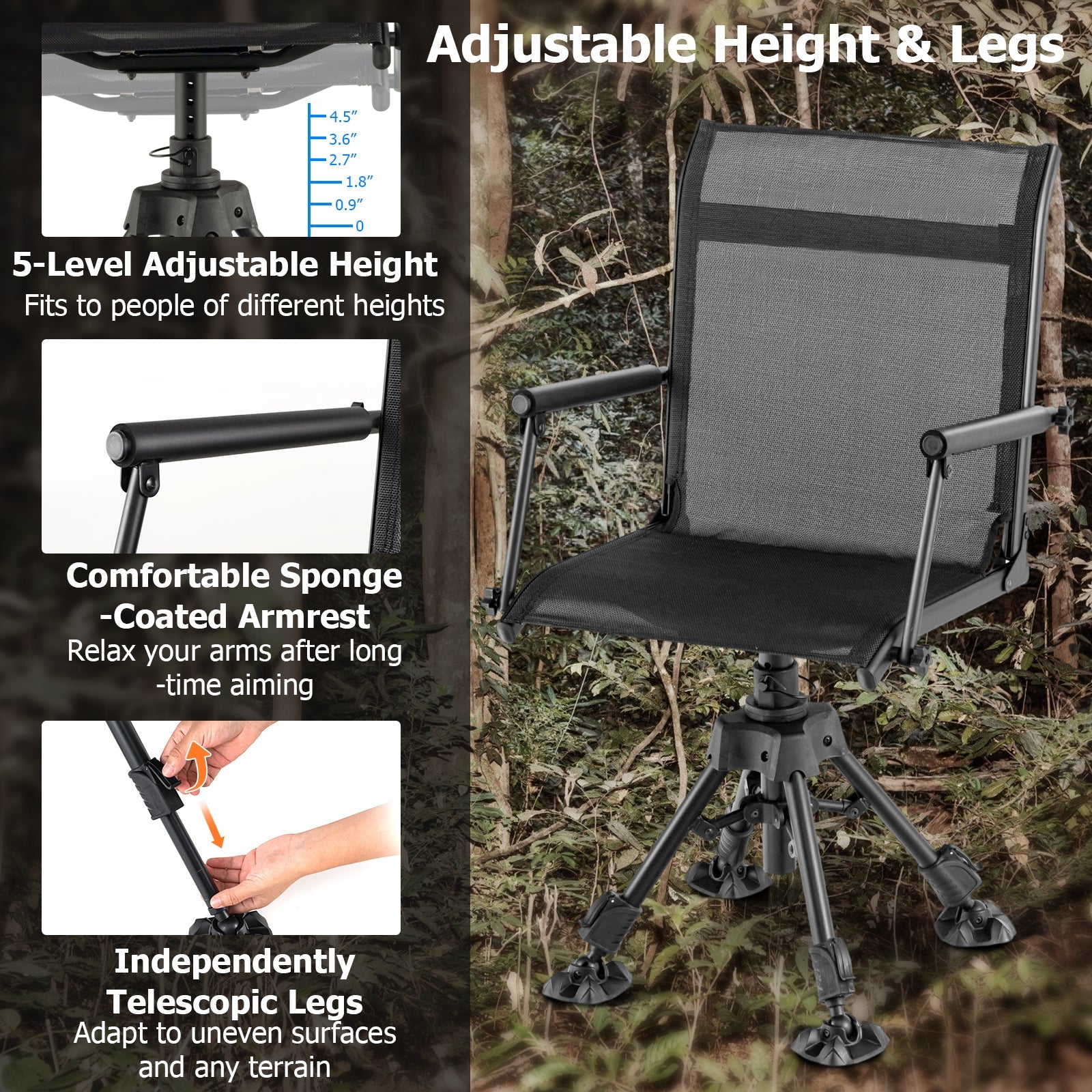Folding Swivel Patio Chair with 4 Adjustable Leg - Energize Trek