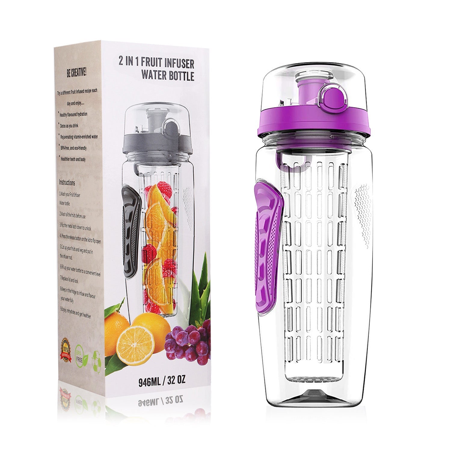 Fruit Infuser Water Bottle 32OZ Juice Shaker Sport w/ Flip Top Lid Anti-Slip Grips For Office Home Sport Running Walking Hiking - Energize Trek
