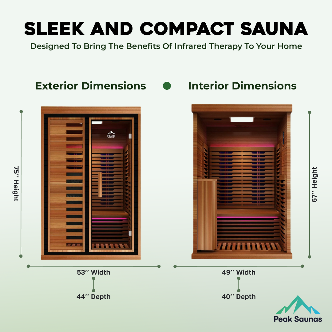 Peak Saunas Fuji 2-Person Full Spectrum Infrared Sauna with XL Medical-Grade Red Light Therapy & Smart WiFi App Control - Energize Trek