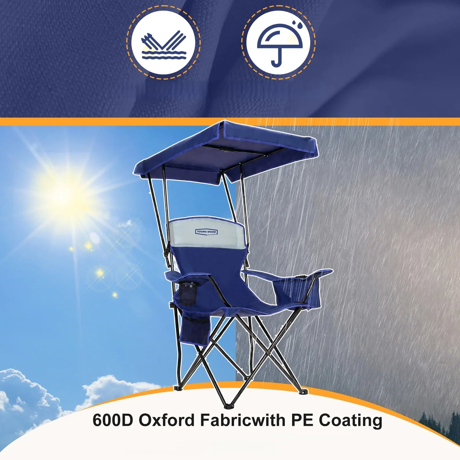 GERC Foldable Camping Chair With Sun Shade, Cooler Bag And Cup Holder Pocket - Energize Trek