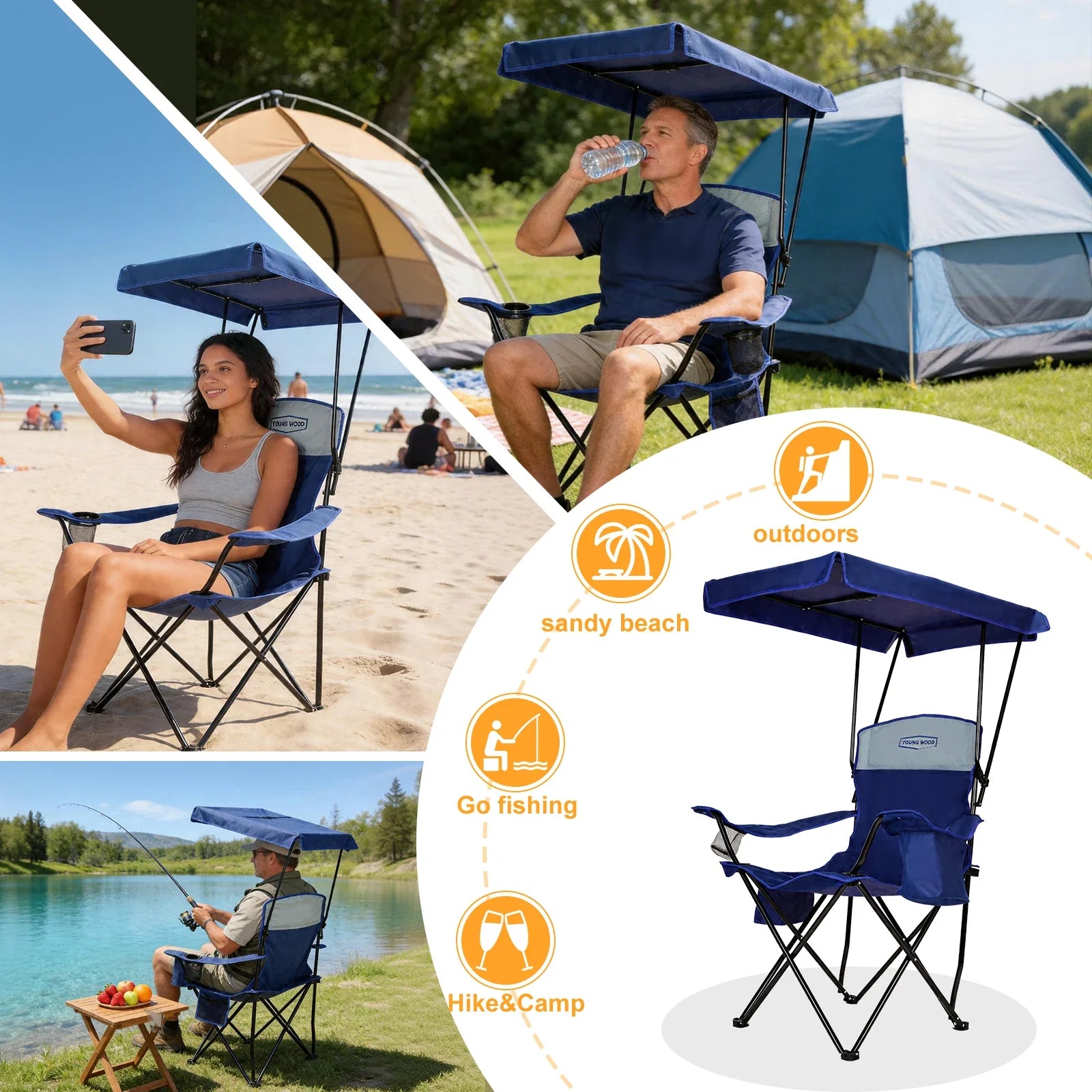 GERC Foldable Camping Chair With Sun Shade, Cooler Bag And Cup Holder Pocket - Energize Trek