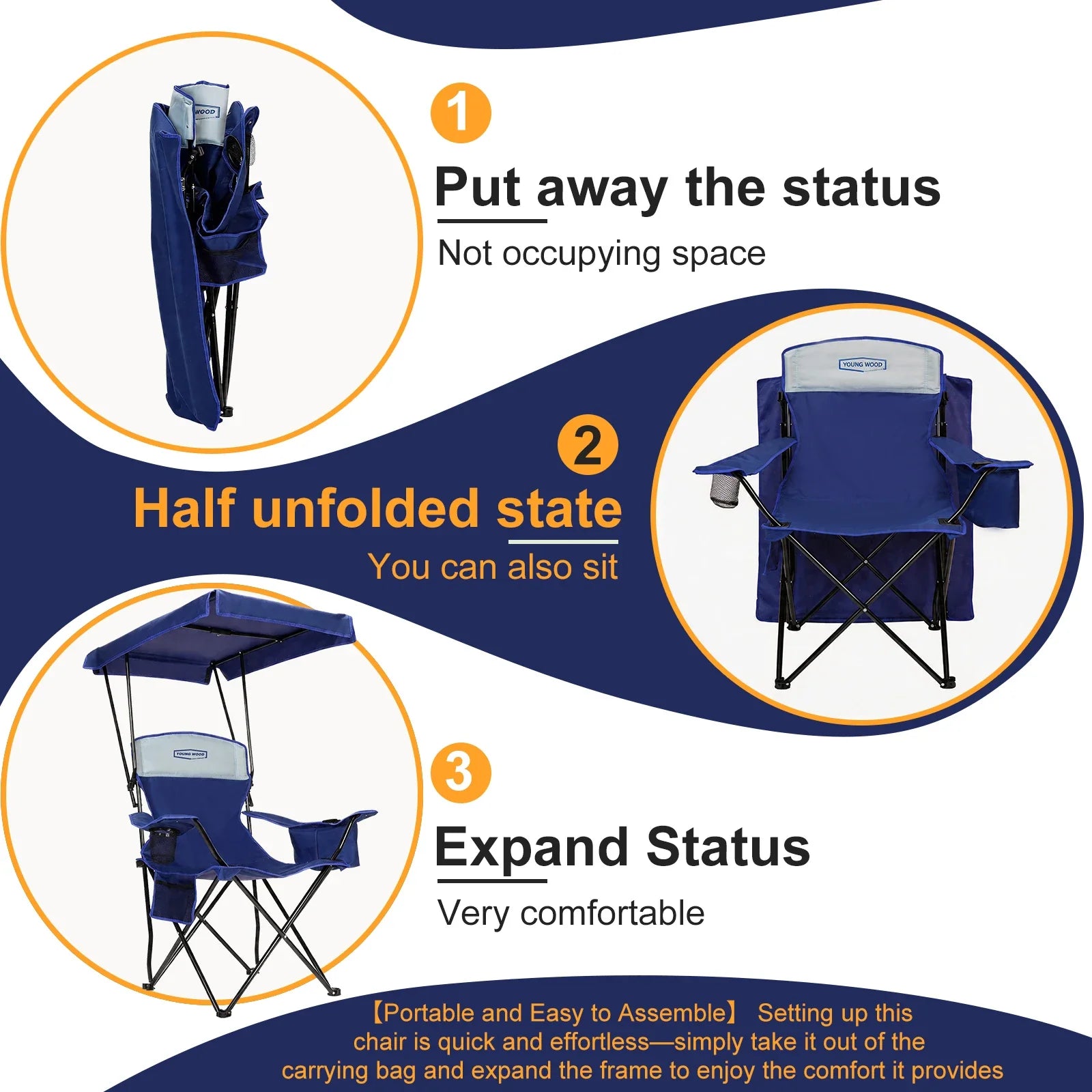 GERC Foldable Camping Chair With Sun Shade, Cooler Bag And Cup Holder Pocket - Energize Trek