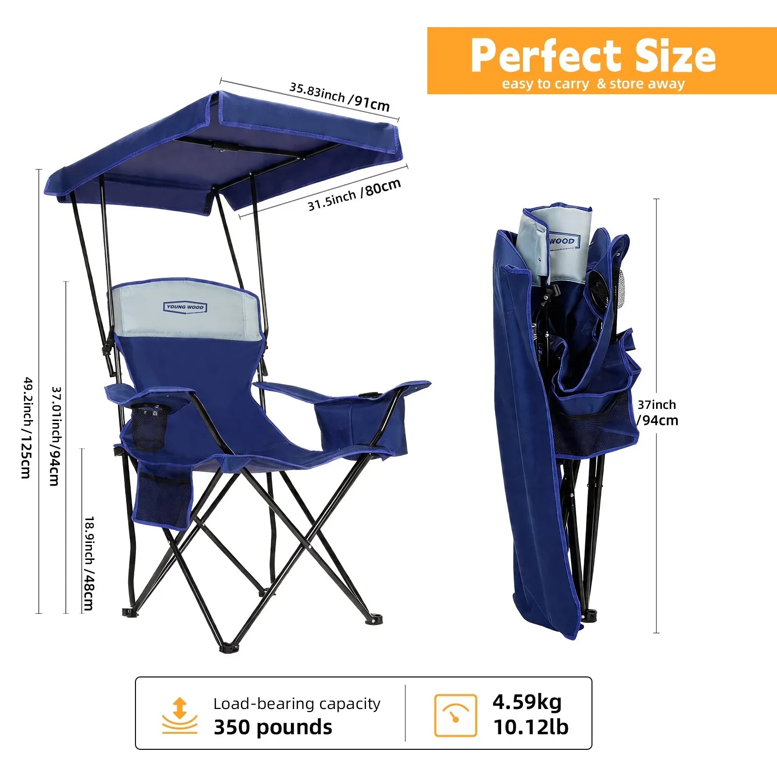 GERC Foldable Camping Chair With Sun Shade, Cooler Bag And Cup Holder Pocket - Energize Trek