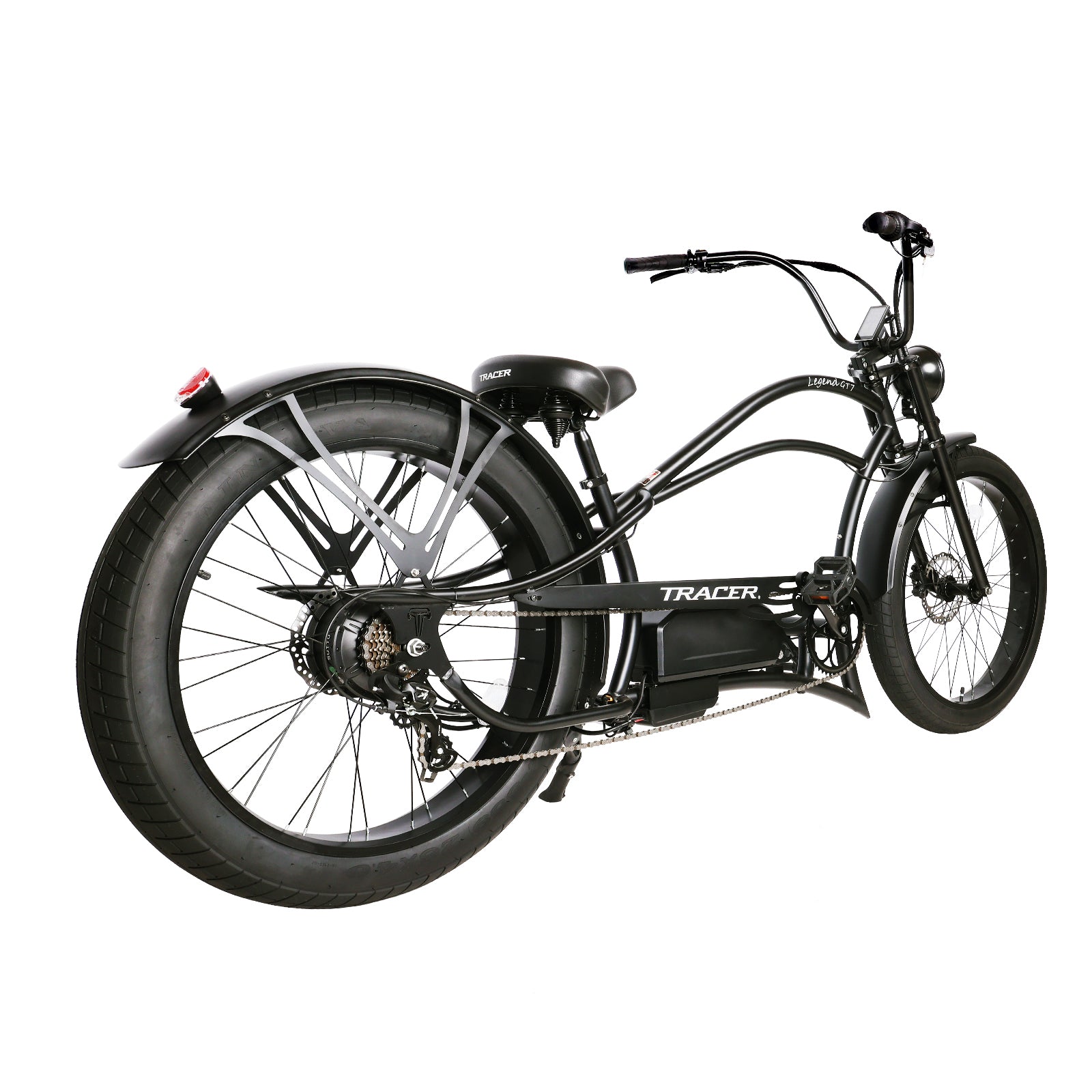 Tracer Legend GT7, (UPC: 749671831819), 26" Chopper Stretch E-Bike, Shimano 7-Speed, Triple Tree Fork, Hydraulic Disc Brake, Hi-Rise Type Steel Handlebar 750x220x22.2mm, Alloy Polish FAT RIMS Front 3" Rear 4" Fat white wall Tires 26"x3.0 - Energize Trek