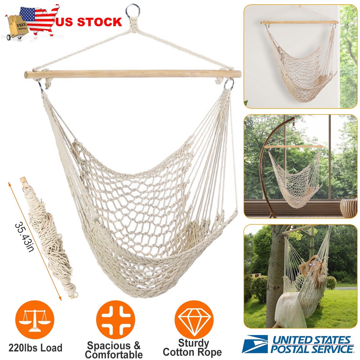 Hammock Chair Hanging Rope Seat Swing w/ Wooden Stick 220lbs Load for Patio Yard Porch Outdoor Bedroom Indoor - Energize Trek