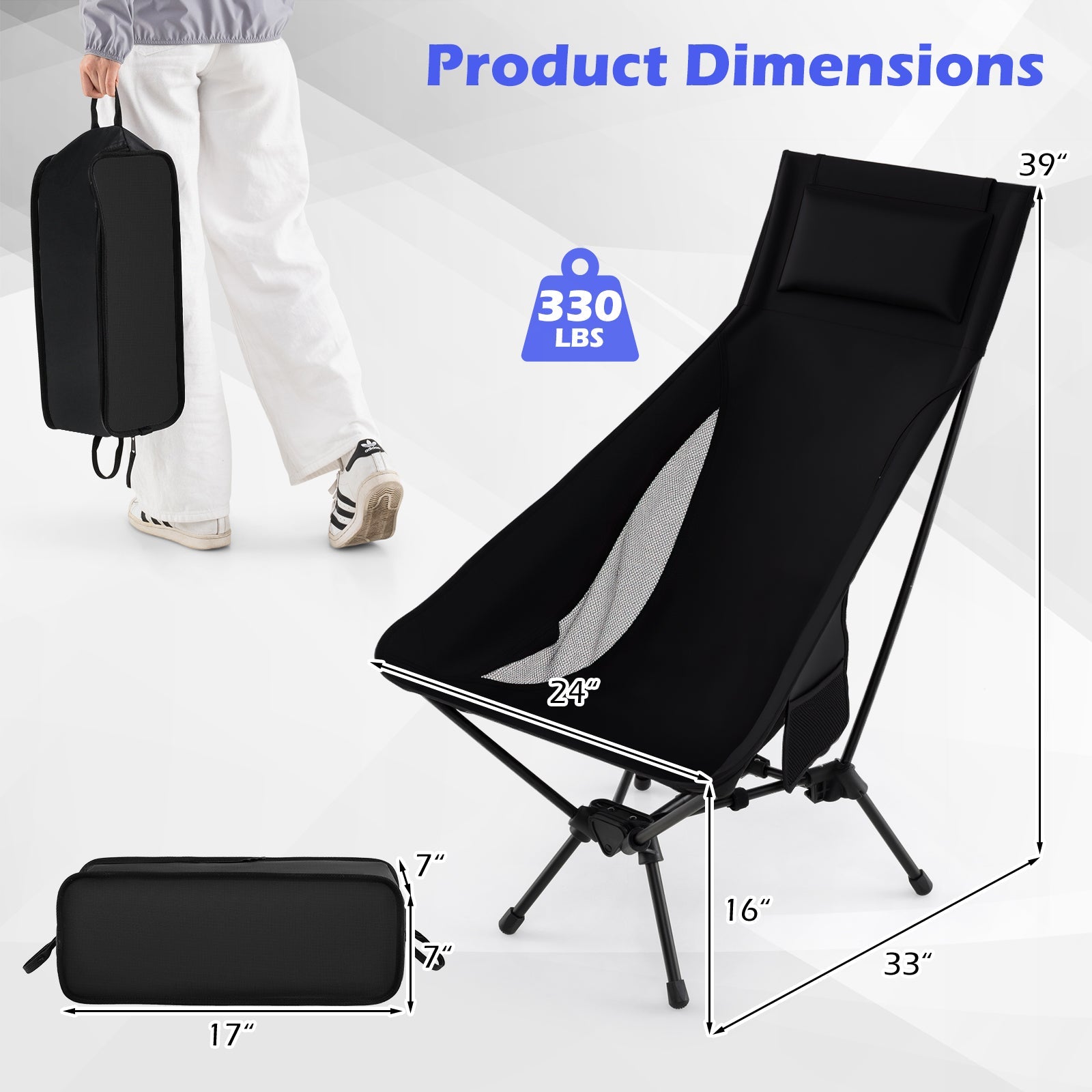 High Back Portable Camping Chair with Compact Carry Bag and Pillow-Black - Energize Trek