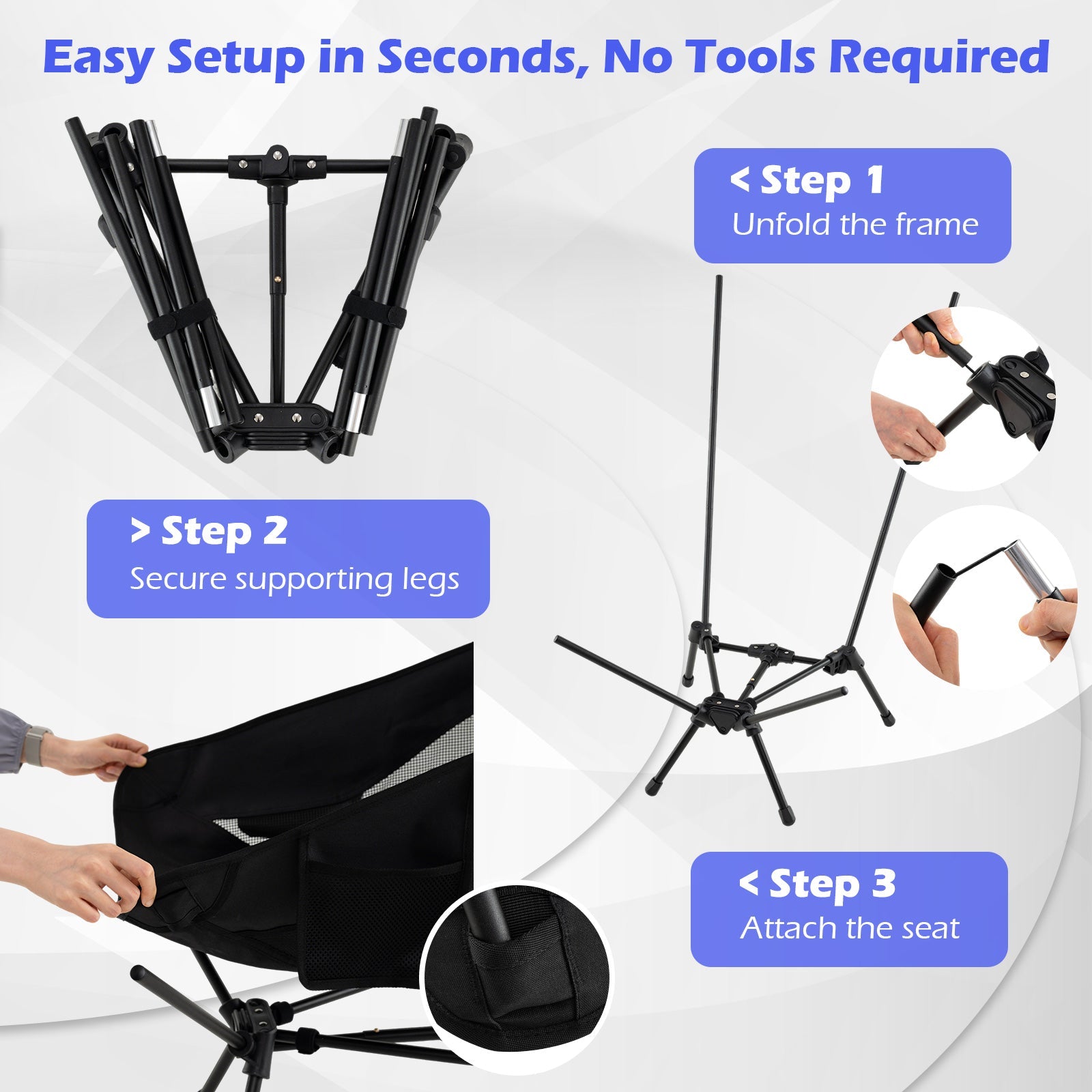 High Back Portable Camping Chair with Compact Carry Bag and Pillow-Black - Energize Trek