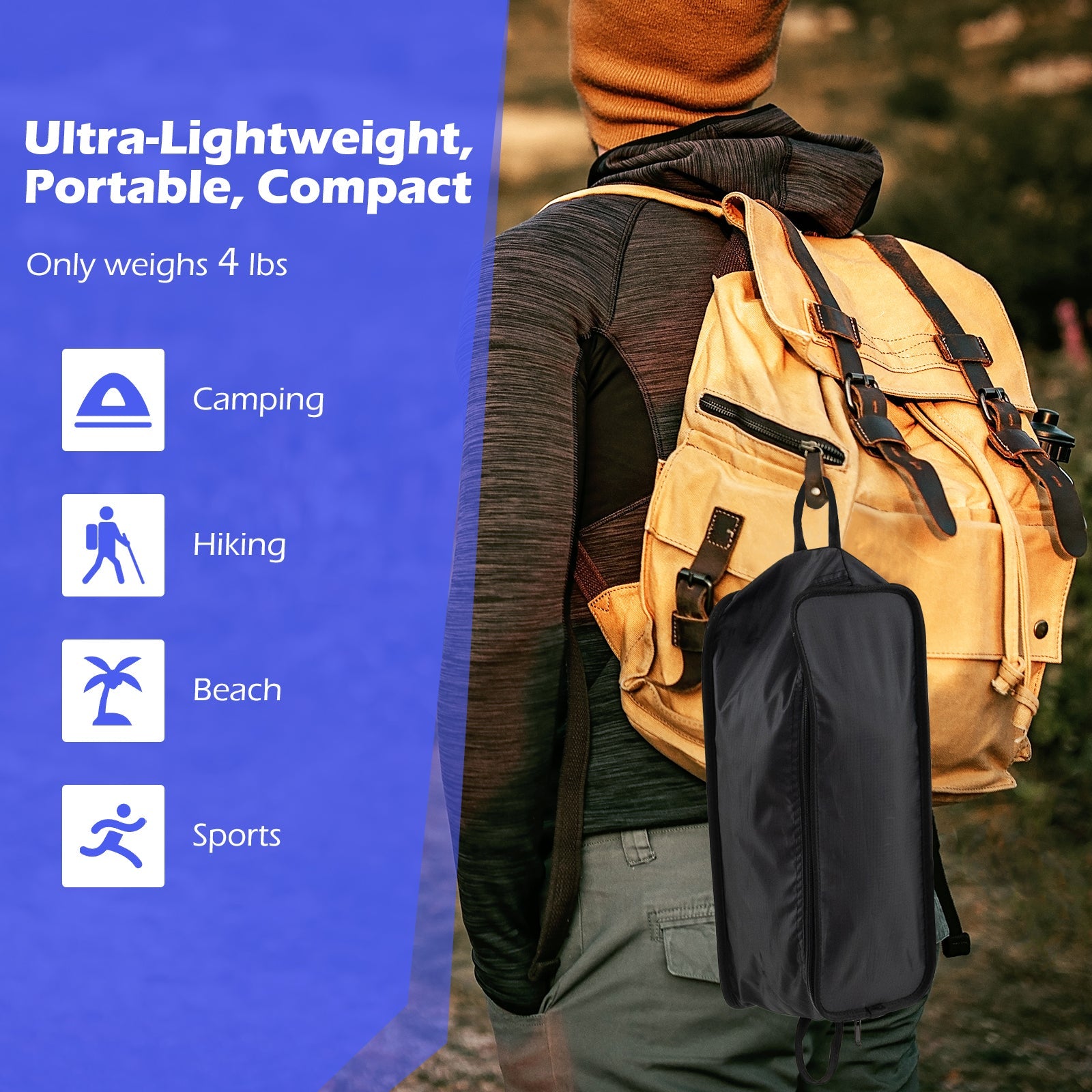 High Back Portable Camping Chair with Compact Carry Bag and Pillow-Black - Energize Trek