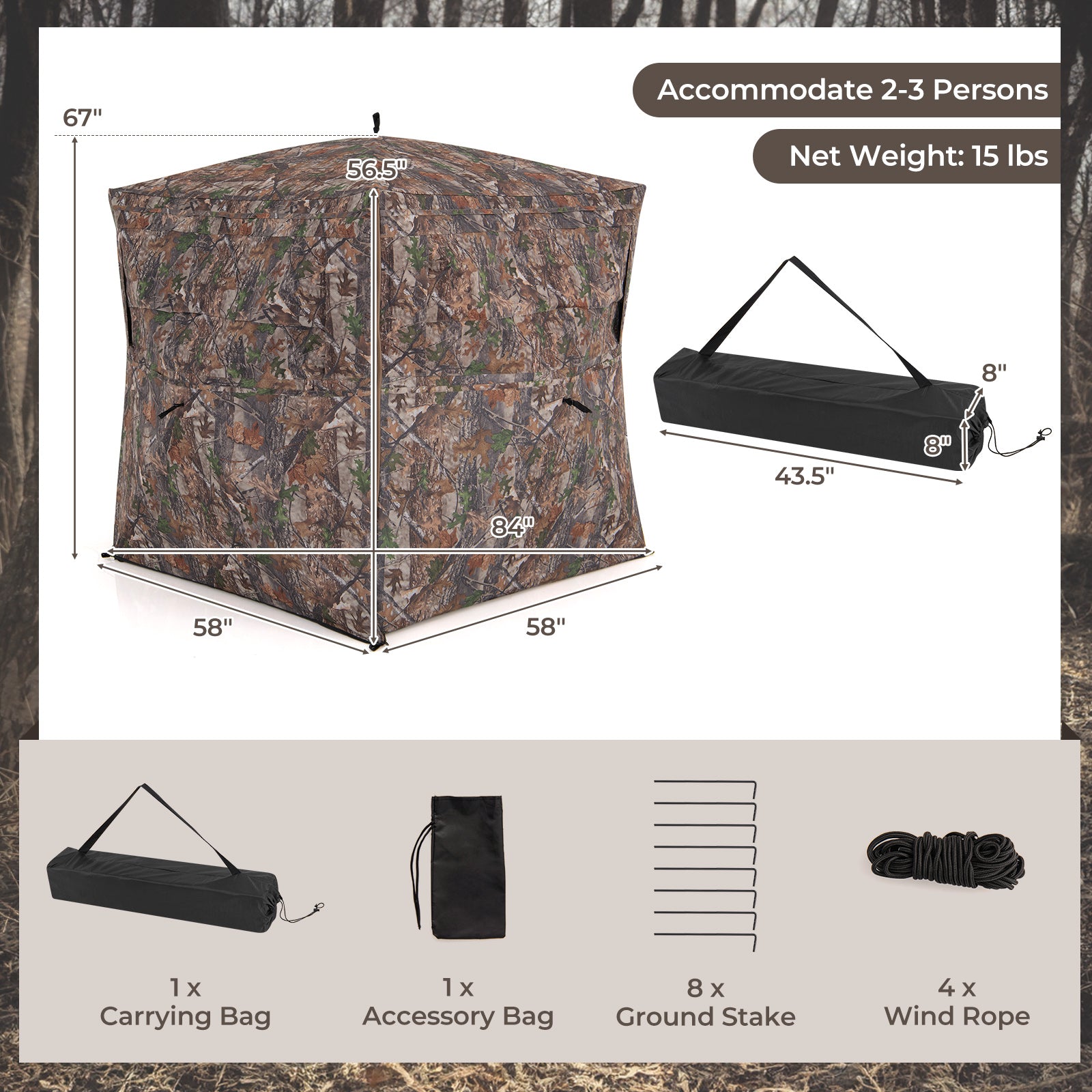Hunting Blind 360 Degree One-Way See-Through Ground Blind for 2-3 Person - Energize Trek